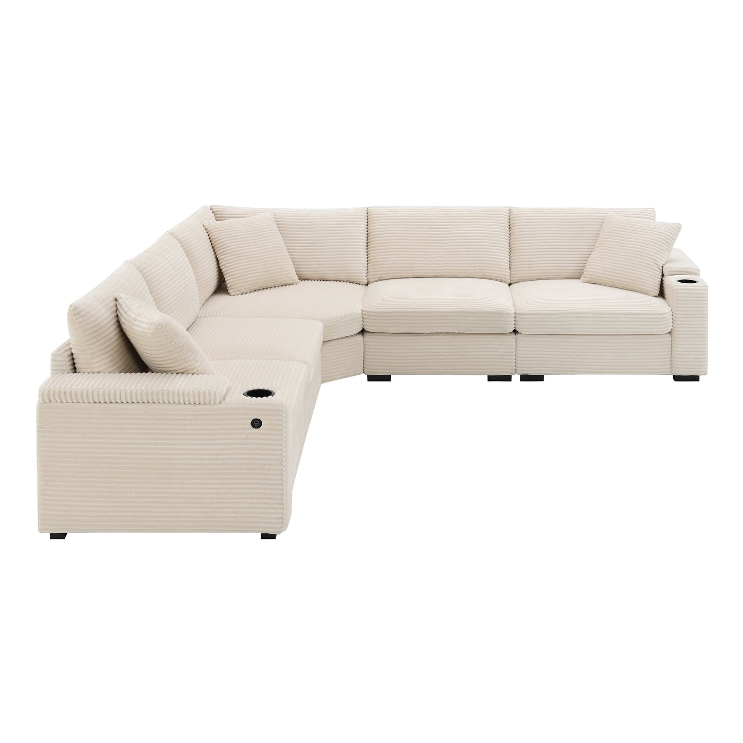Canapé modulable en velours côtelé en forme de L avec rangement pour accoudoirs, ports USB et porte-gobelets pour salon d'appartement