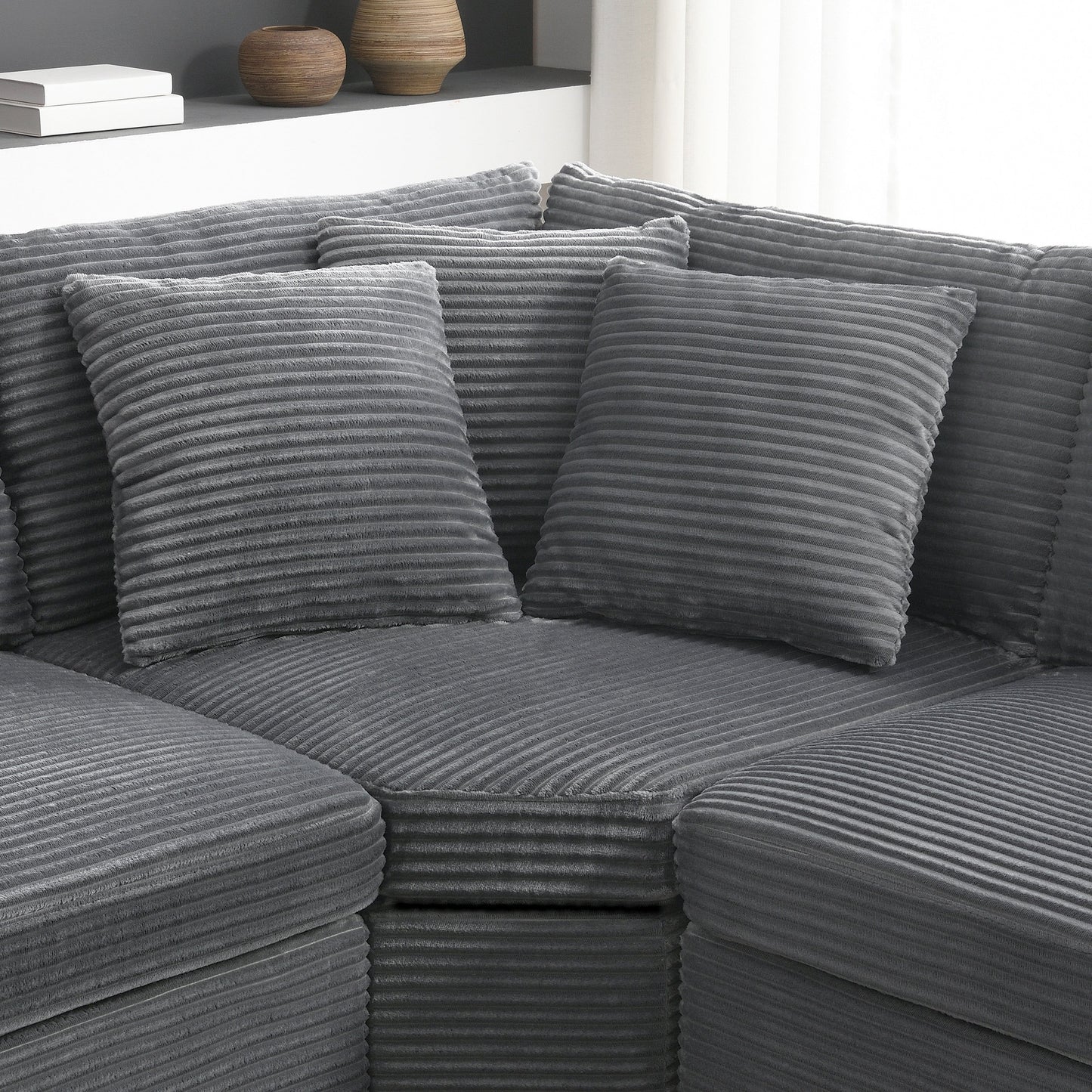 Canapé modulable en velours côtelé en forme de L avec rangement pour accoudoirs, ports USB et porte-gobelets pour salon d'appartement