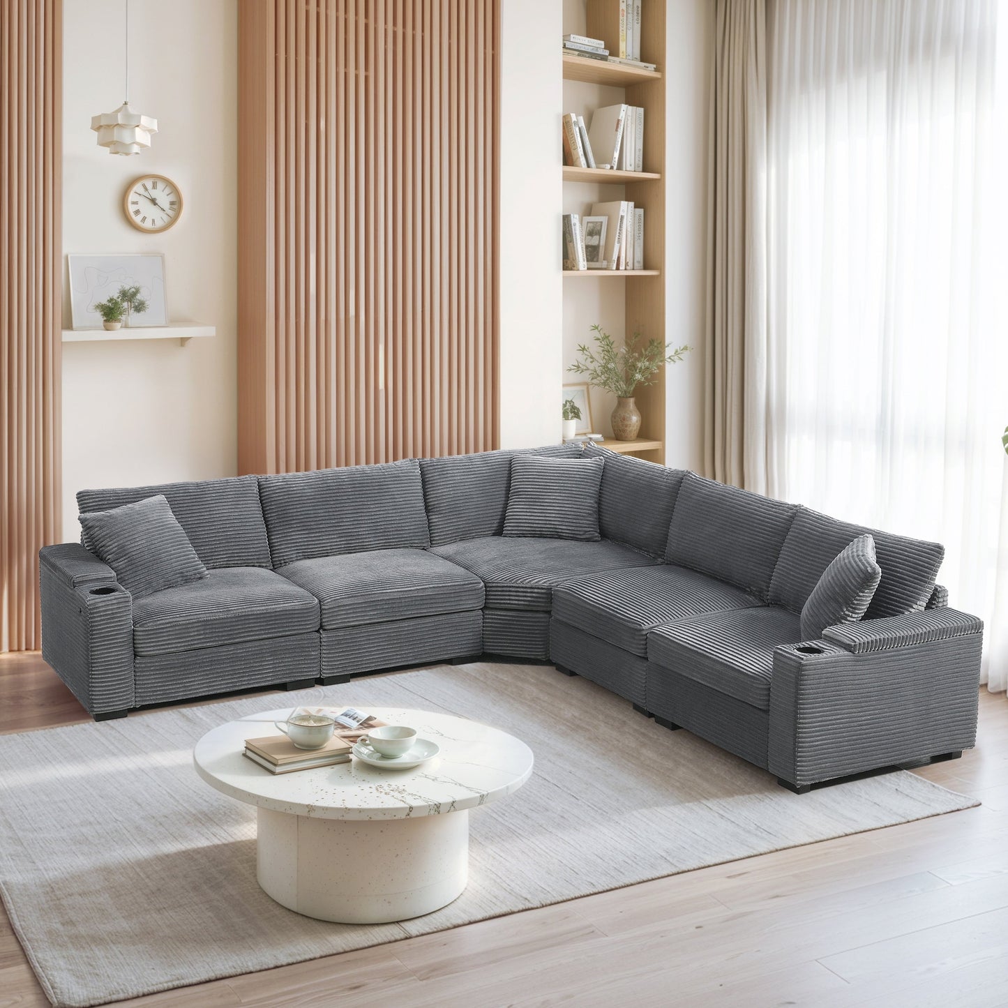 Canapé modulable en velours côtelé en forme de L avec rangement pour accoudoirs, ports USB et porte-gobelets pour salon d'appartement