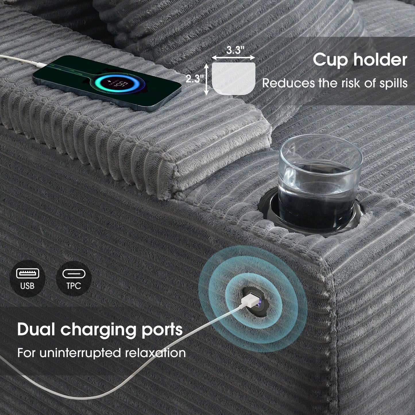Canapé modulable en velours côtelé en forme de L avec rangement pour accoudoirs, ports USB et porte-gobelets pour salon d'appartement