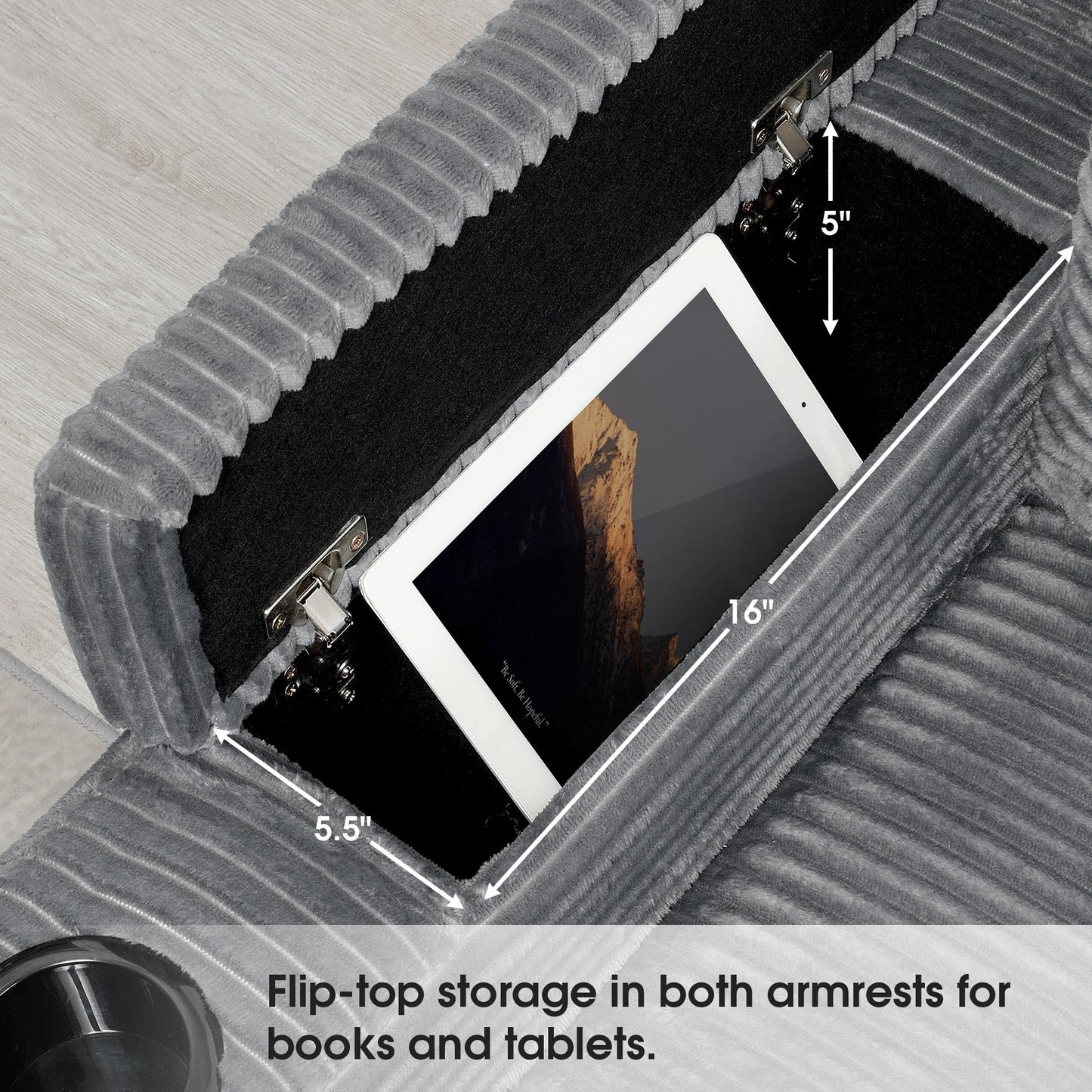 Canapé modulable en velours côtelé en forme de L avec rangement pour accoudoirs, ports USB et porte-gobelets pour salon d'appartement