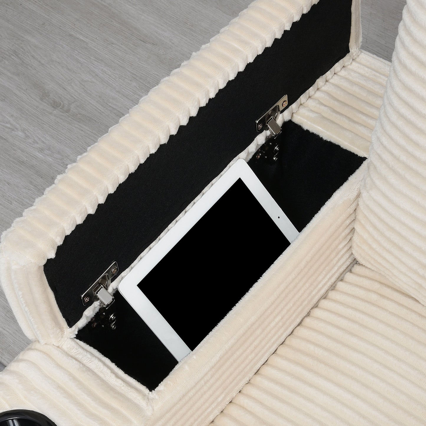 Canapé modulable en velours côtelé en forme de L avec rangement pour accoudoirs, ports USB et porte-gobelets pour salon d'appartement