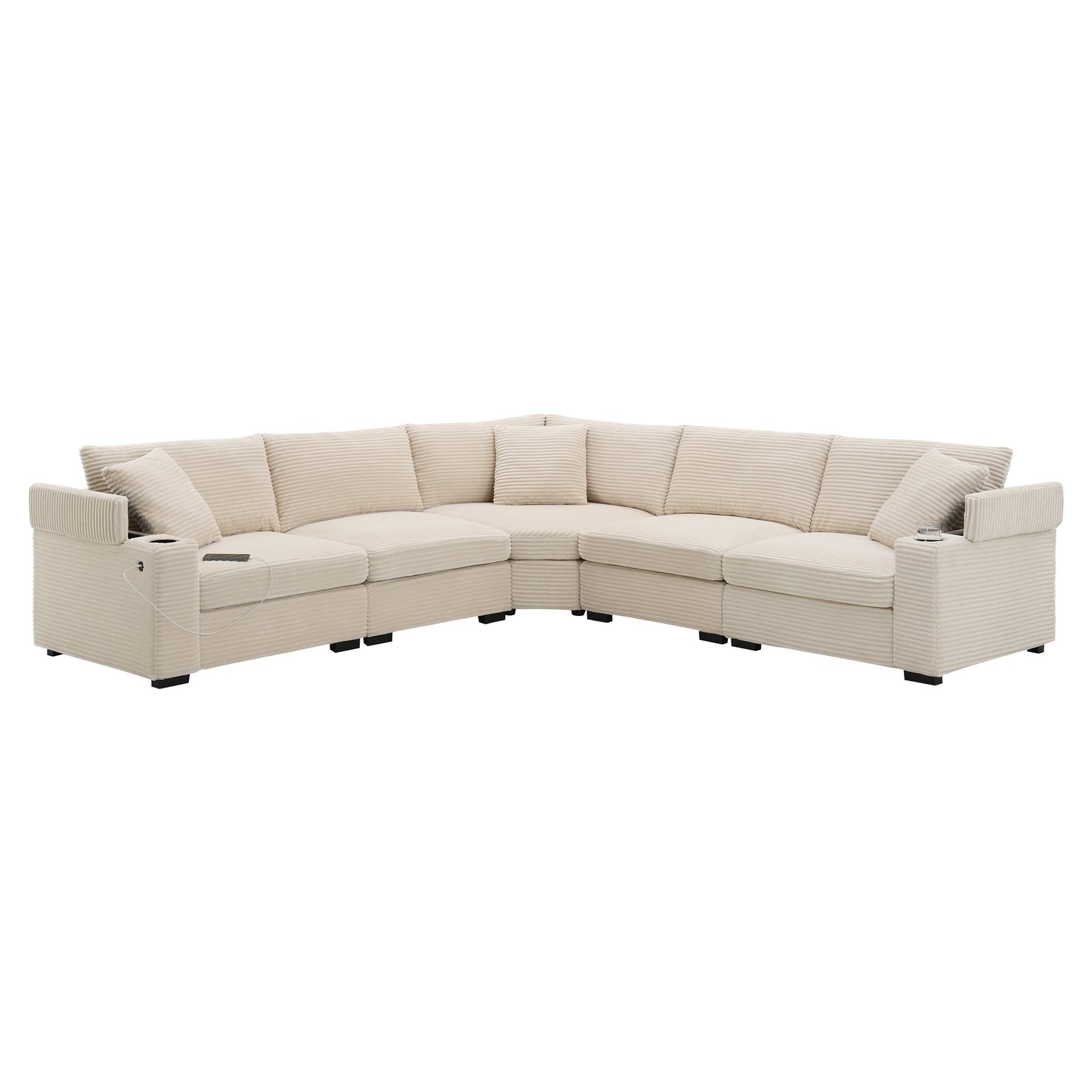 Canapé modulable en velours côtelé en forme de L avec rangement pour accoudoirs, ports USB et porte-gobelets pour salon d'appartement