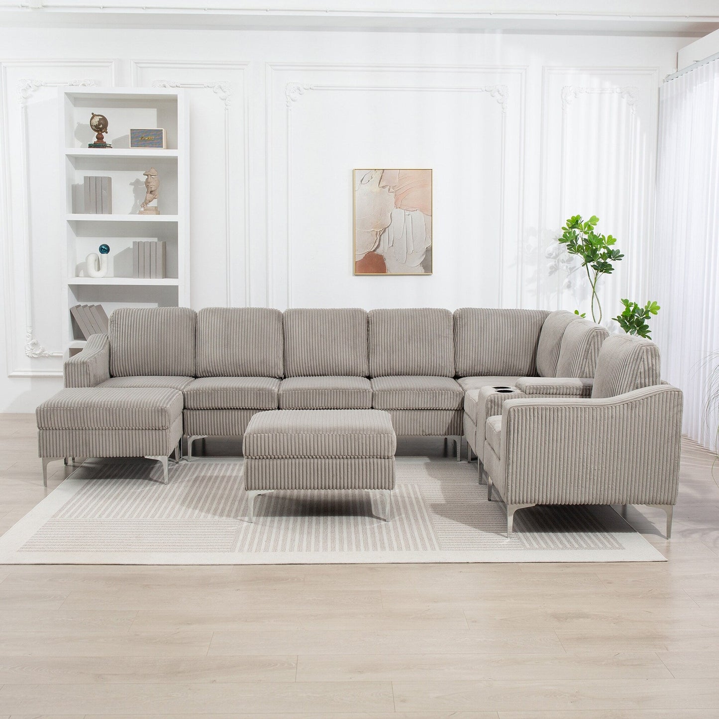 Canapé modulable en velours côtelé, convertible 6 places, avec ports USB, poufs de rangement et porte-gobelet pour le salon