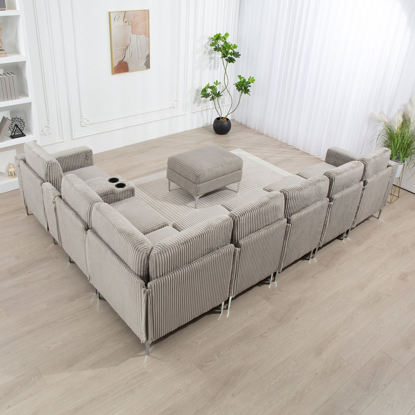 Canapé modulable en velours côtelé, convertible 6 places, avec ports USB, poufs de rangement et porte-gobelet pour le salon