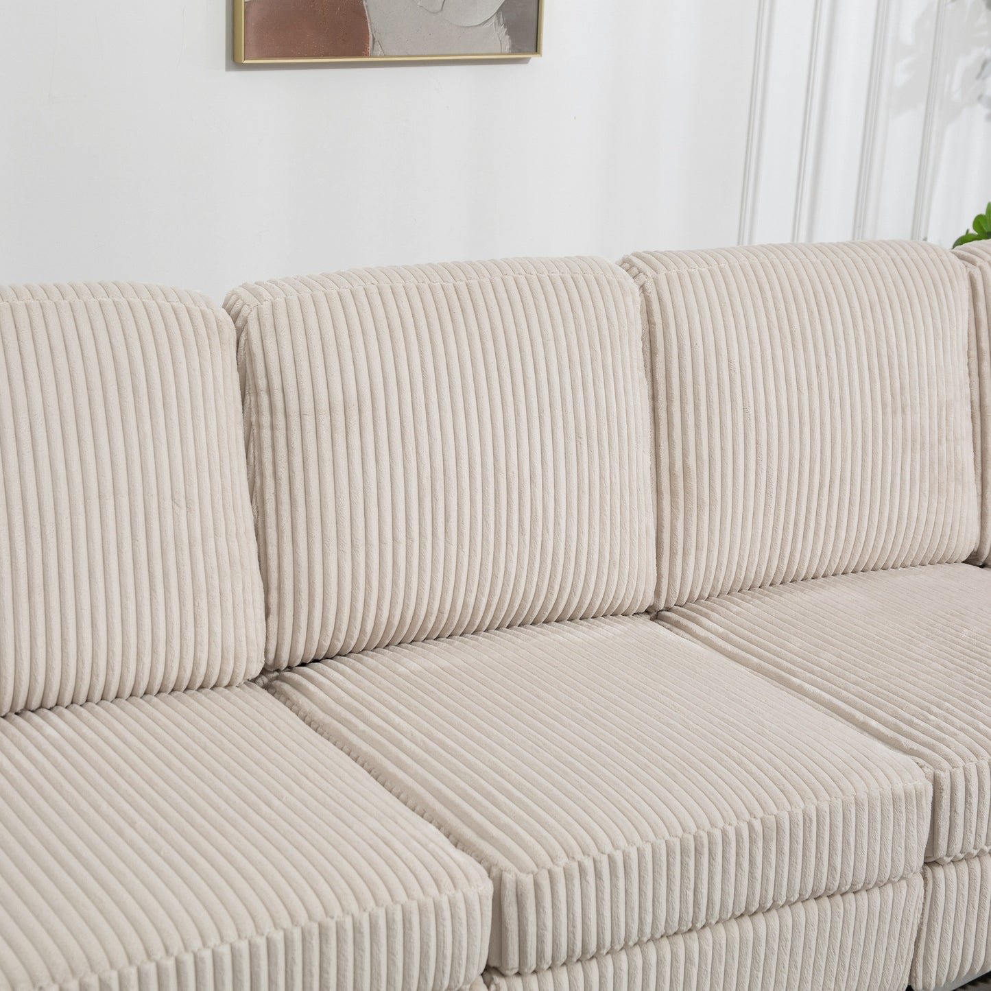 Canapé modulable en velours côtelé, convertible 6 places, avec ports USB, poufs de rangement et porte-gobelet pour le salon
