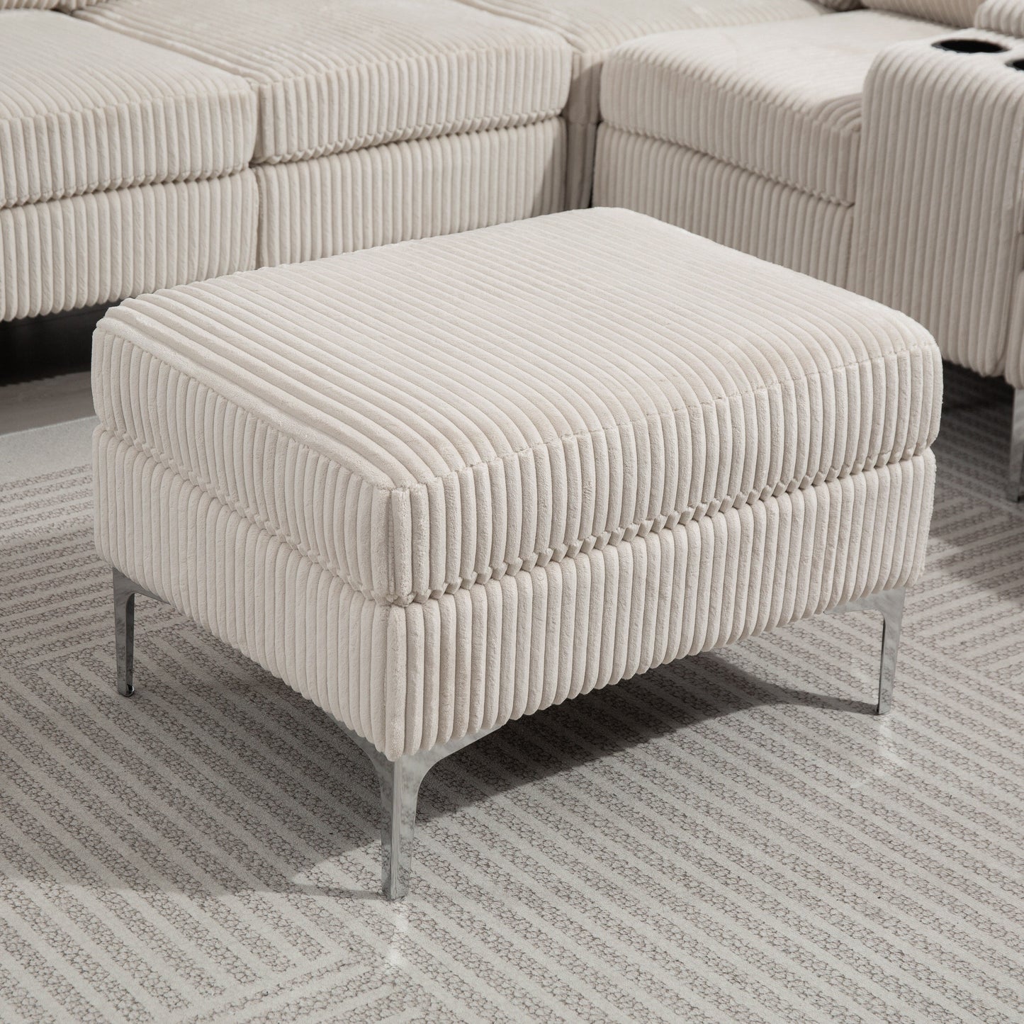 Canapé modulable en velours côtelé, convertible 6 places, avec ports USB, poufs de rangement et porte-gobelet pour le salon