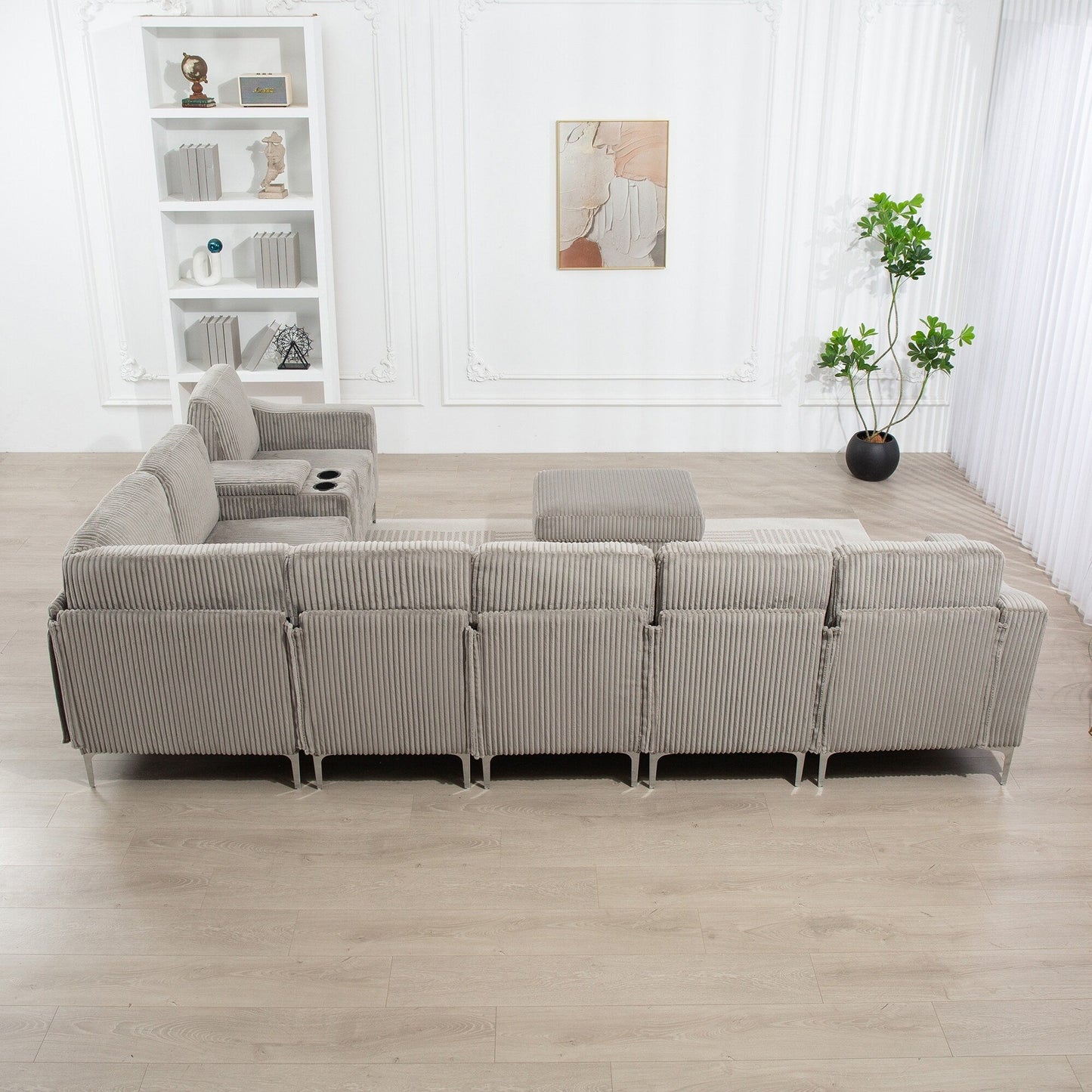 Canapé modulable en velours côtelé, convertible 6 places, avec ports USB, poufs de rangement et porte-gobelet pour le salon