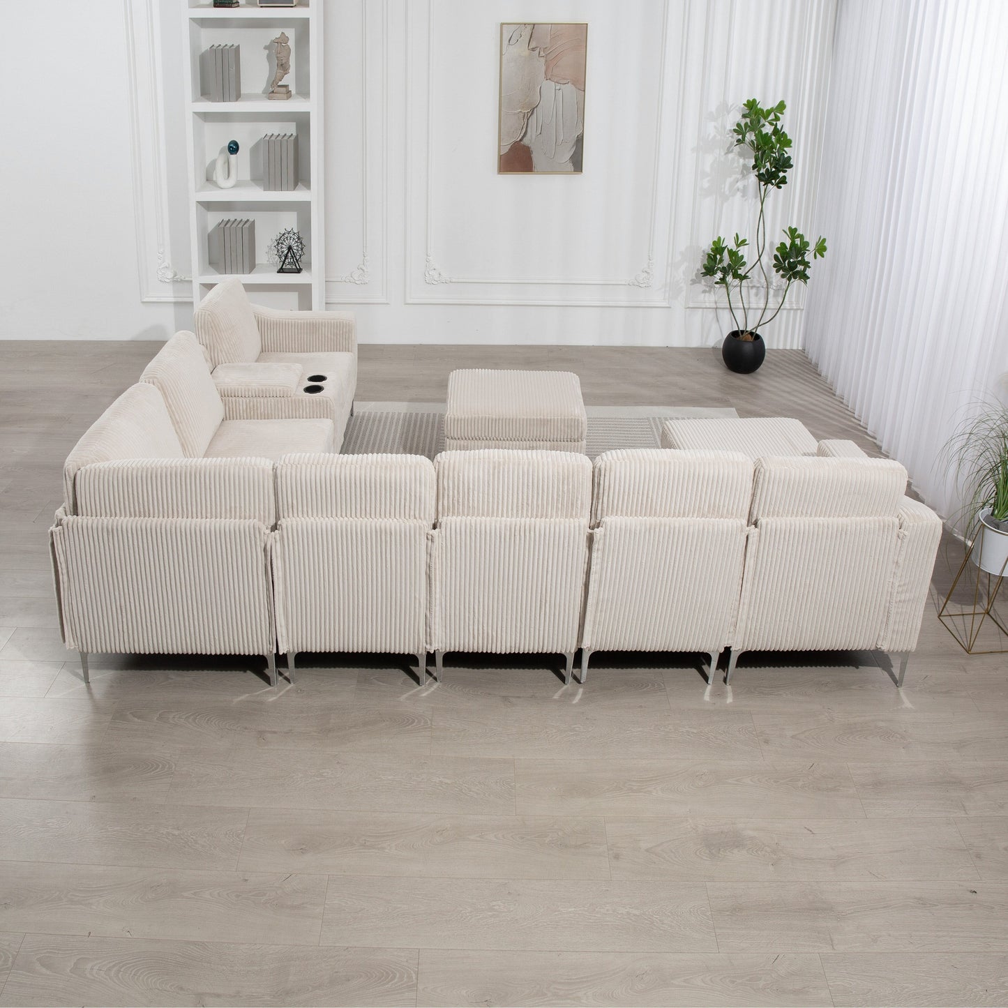 Canapé modulable en velours côtelé, convertible 6 places, avec ports USB, poufs de rangement et porte-gobelet pour le salon
