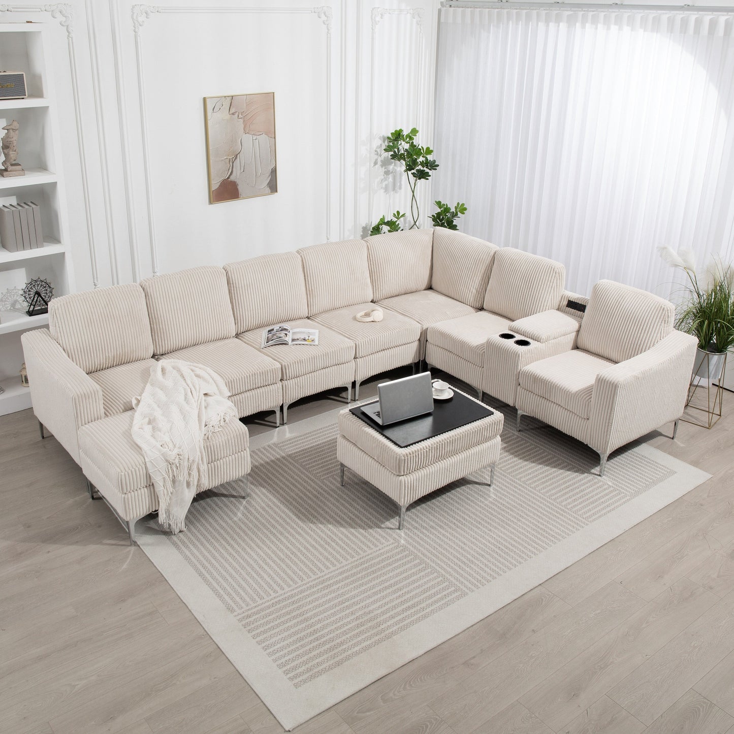 Canapé modulable en velours côtelé, convertible 6 places, avec ports USB, poufs de rangement et porte-gobelet pour le salon