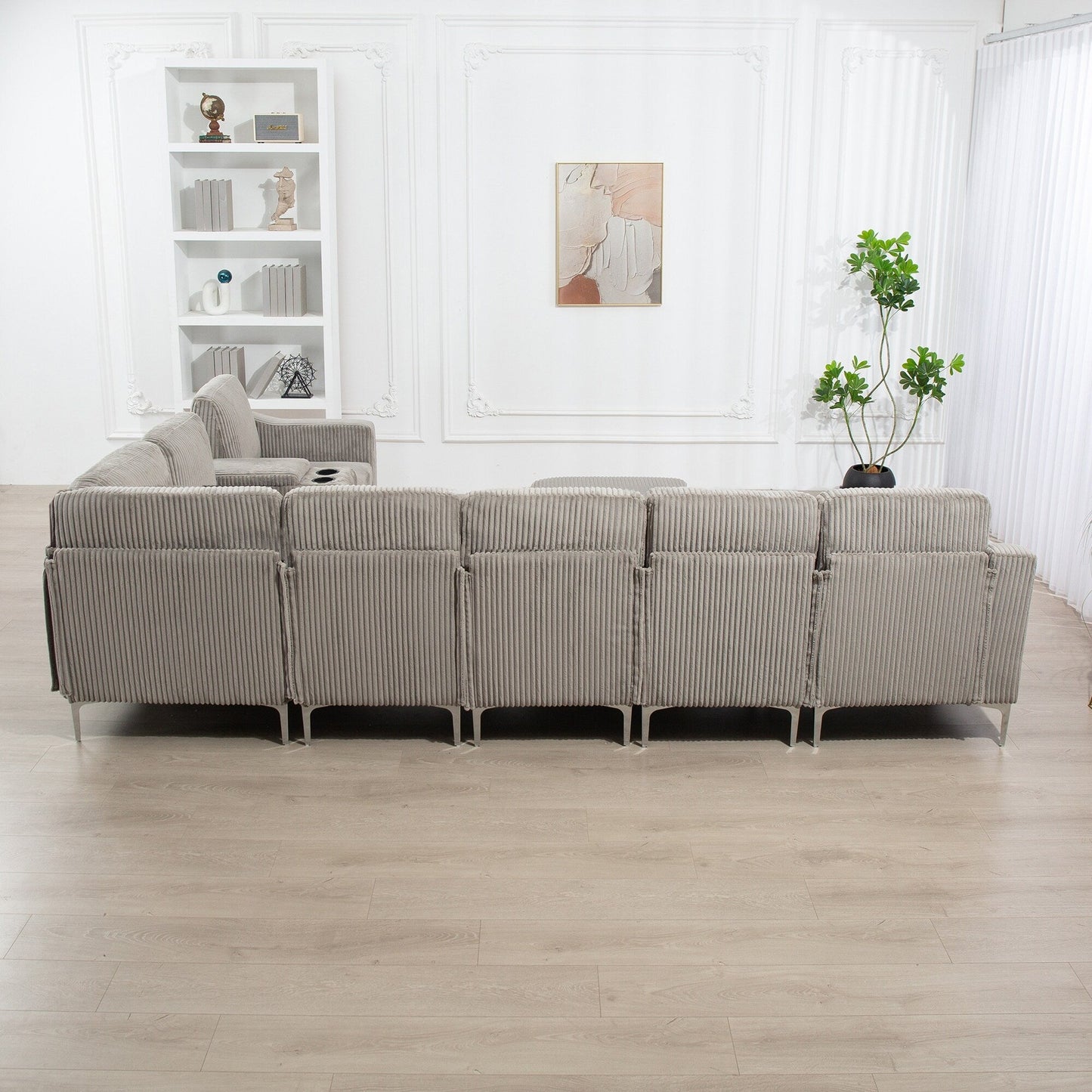 Canapé modulable en velours côtelé, convertible 6 places, avec ports USB, poufs de rangement et porte-gobelet pour le salon