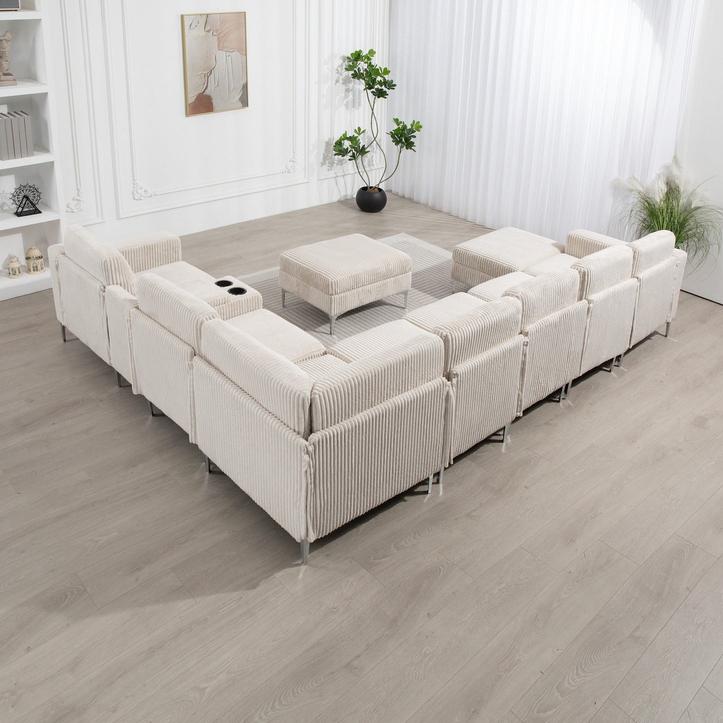 Canapé modulable en velours côtelé, convertible 6 places, avec ports USB, poufs de rangement et porte-gobelet pour le salon