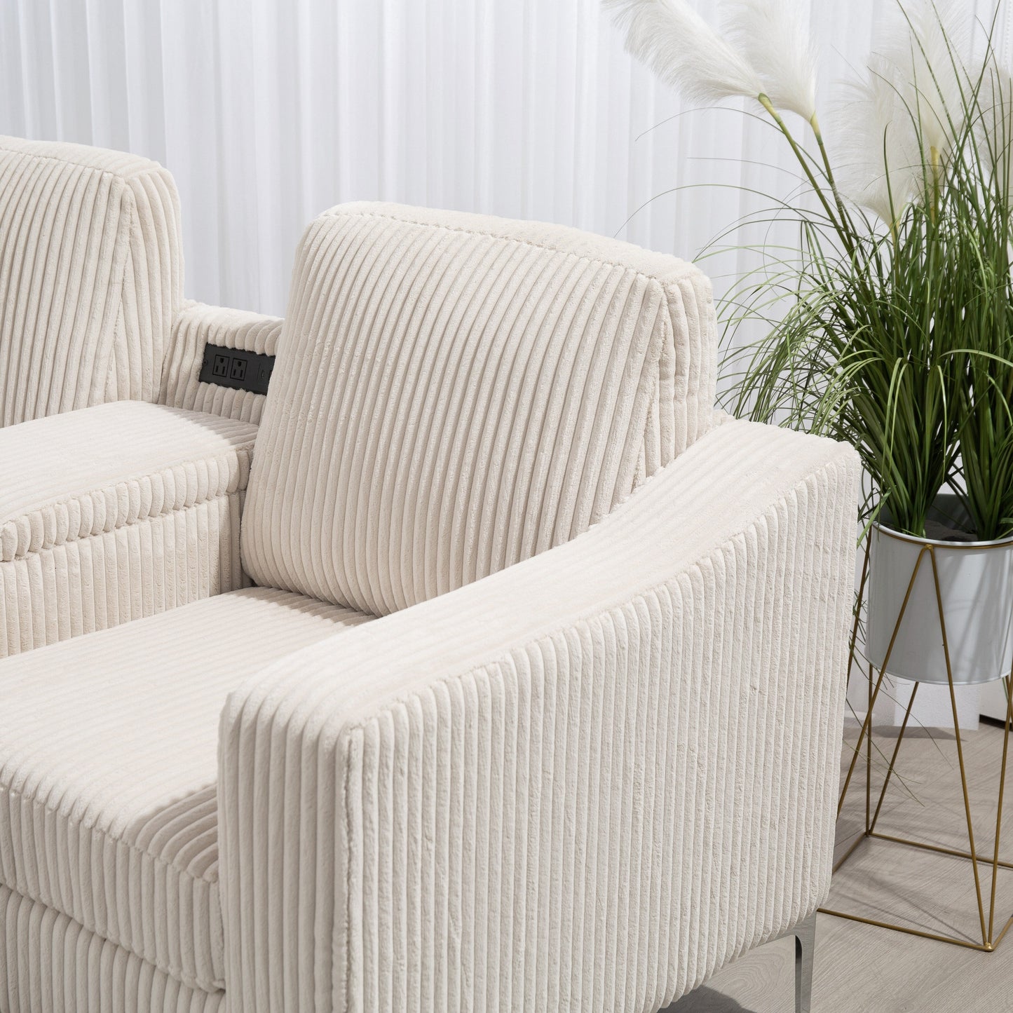Canapé modulable en velours côtelé, convertible 6 places, avec ports USB, poufs de rangement et porte-gobelet pour le salon