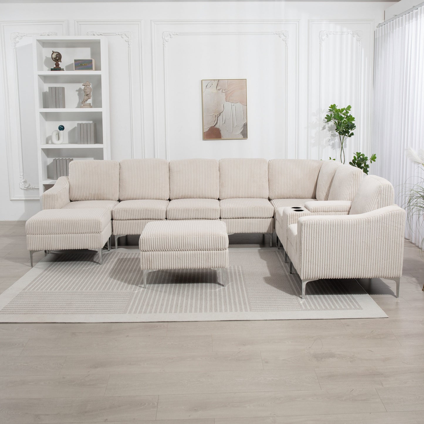 Canapé modulable en velours côtelé, convertible 6 places, avec ports USB, poufs de rangement et porte-gobelet pour le salon