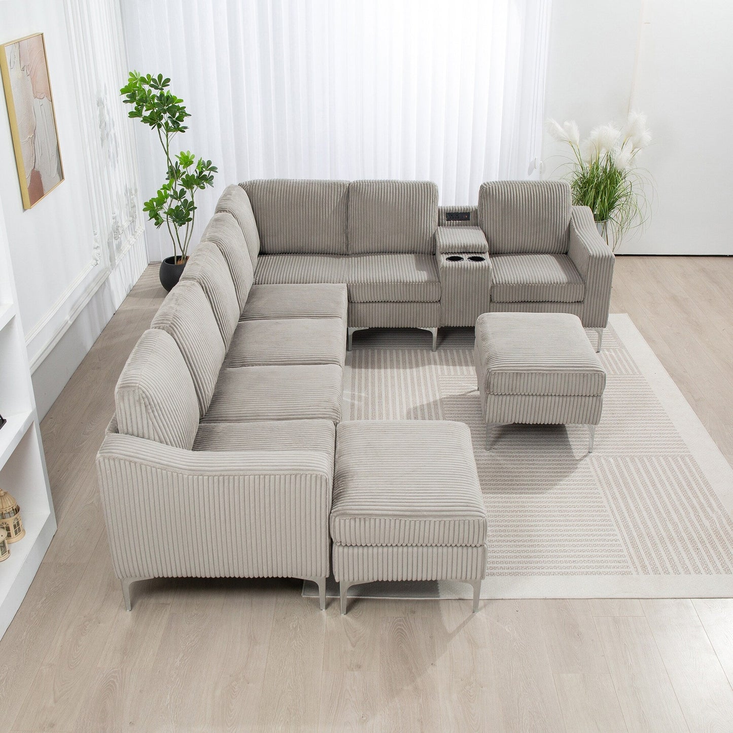 Canapé modulable en velours côtelé, convertible 6 places, avec ports USB, poufs de rangement et porte-gobelet pour le salon