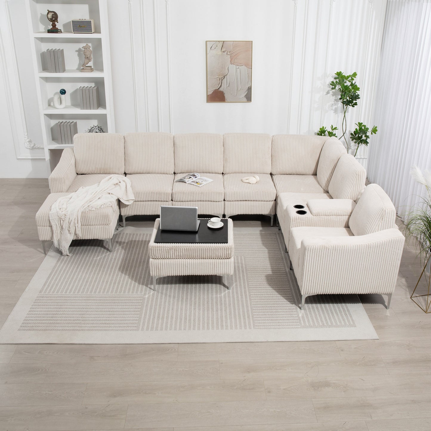 Canapé modulable en velours côtelé, convertible 6 places, avec ports USB, poufs de rangement et porte-gobelet pour le salon