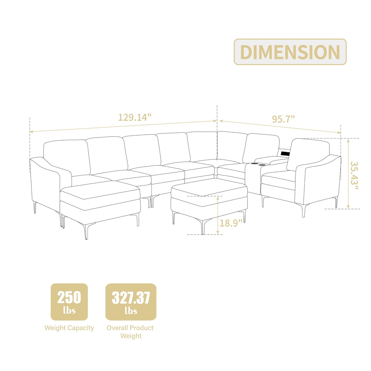 Canapé modulable en velours côtelé, convertible 6 places, avec ports USB, poufs de rangement et porte-gobelet pour le salon