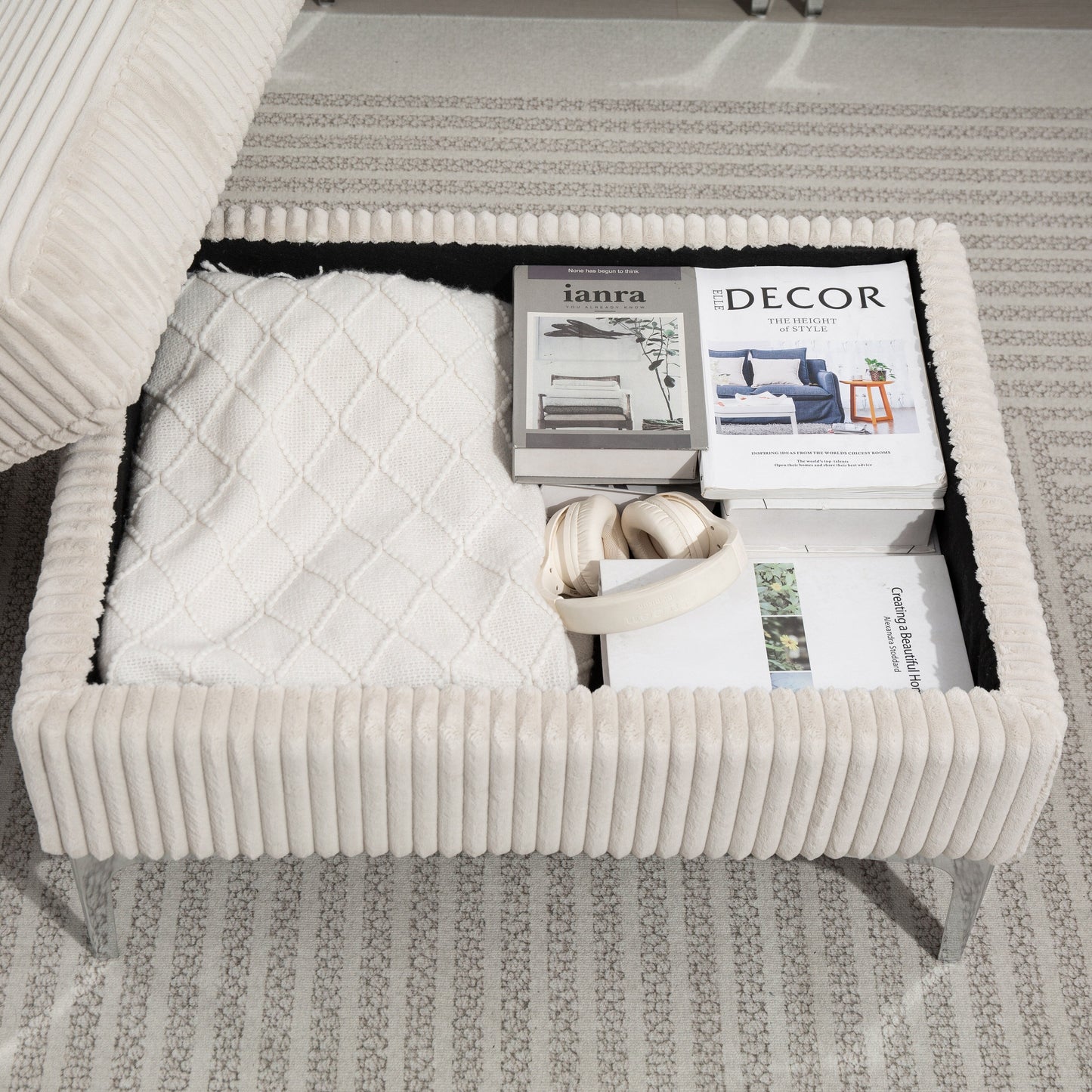 Canapé modulable en velours côtelé, convertible 6 places, avec ports USB, poufs de rangement et porte-gobelet pour le salon
