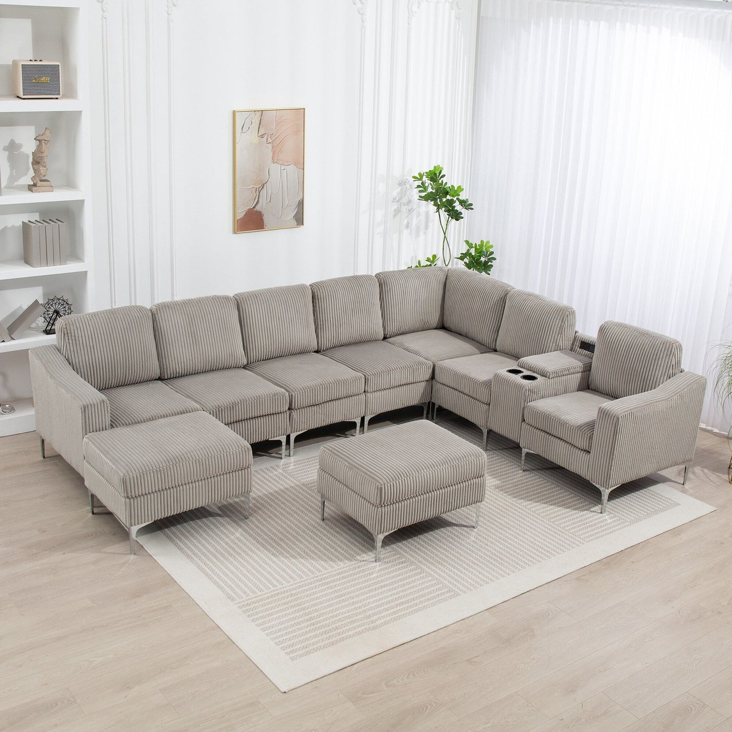 Canapé modulable en velours côtelé, convertible 6 places, avec ports USB, poufs de rangement et porte-gobelet pour le salon