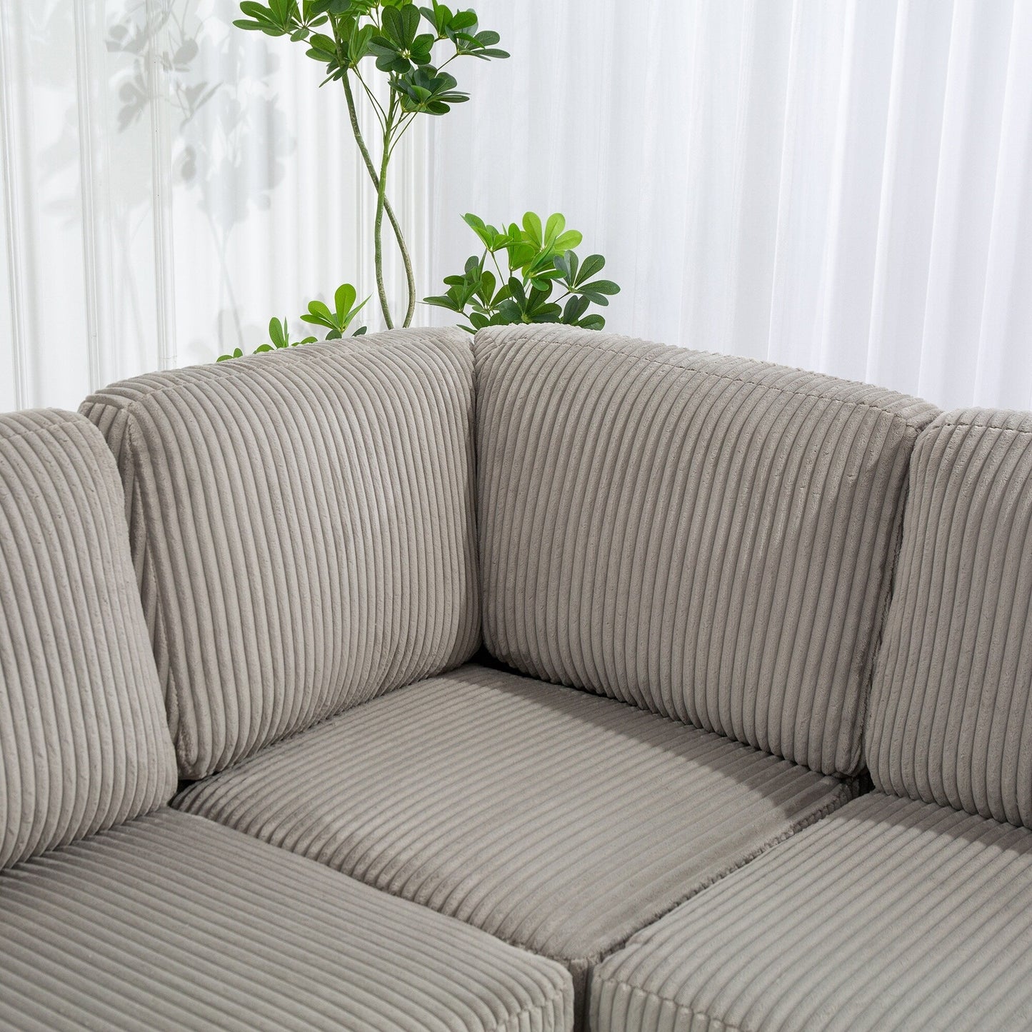 Canapé modulable en velours côtelé, convertible 6 places, avec ports USB, poufs de rangement et porte-gobelet pour le salon
