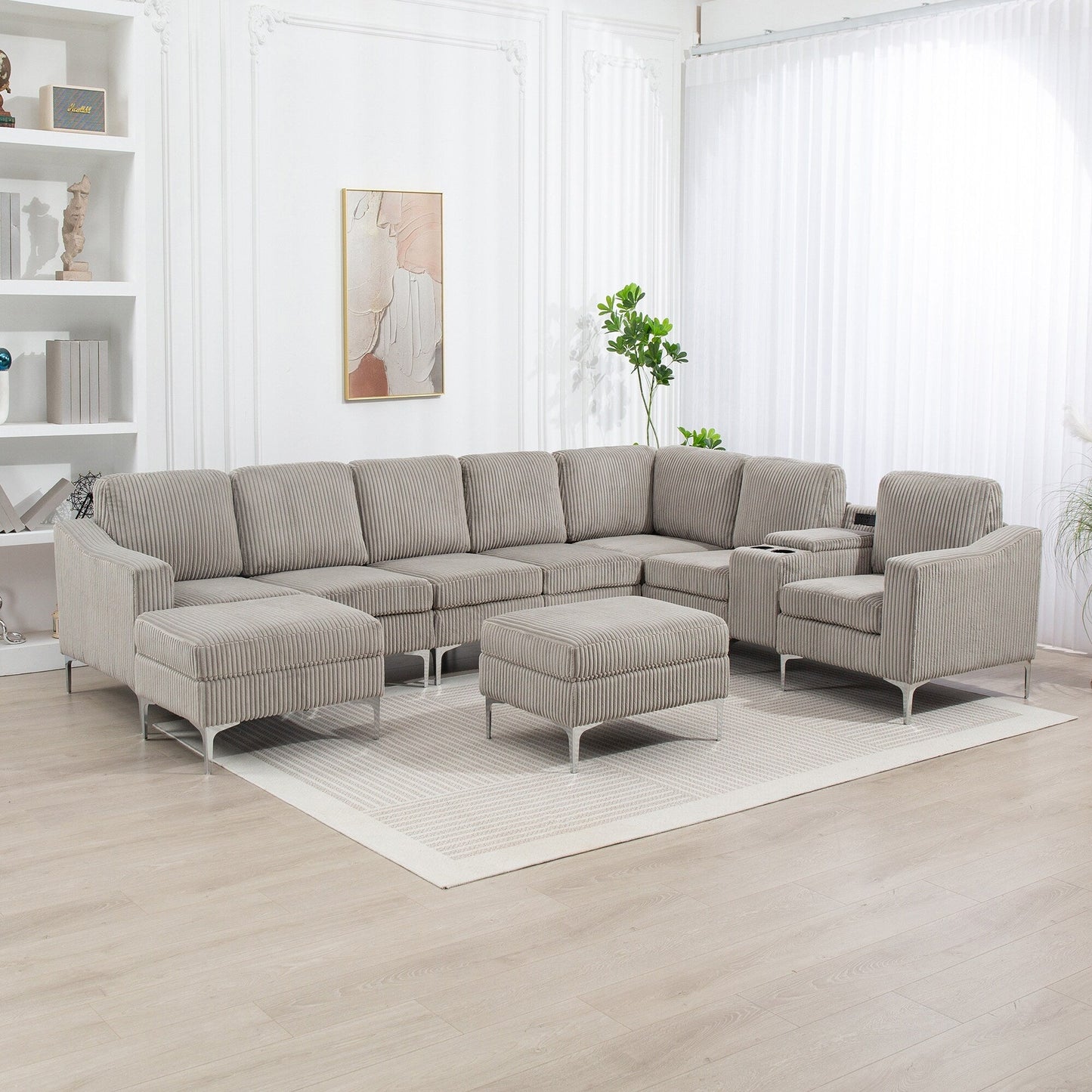 Canapé modulable en velours côtelé, convertible 6 places, avec ports USB, poufs de rangement et porte-gobelet pour le salon