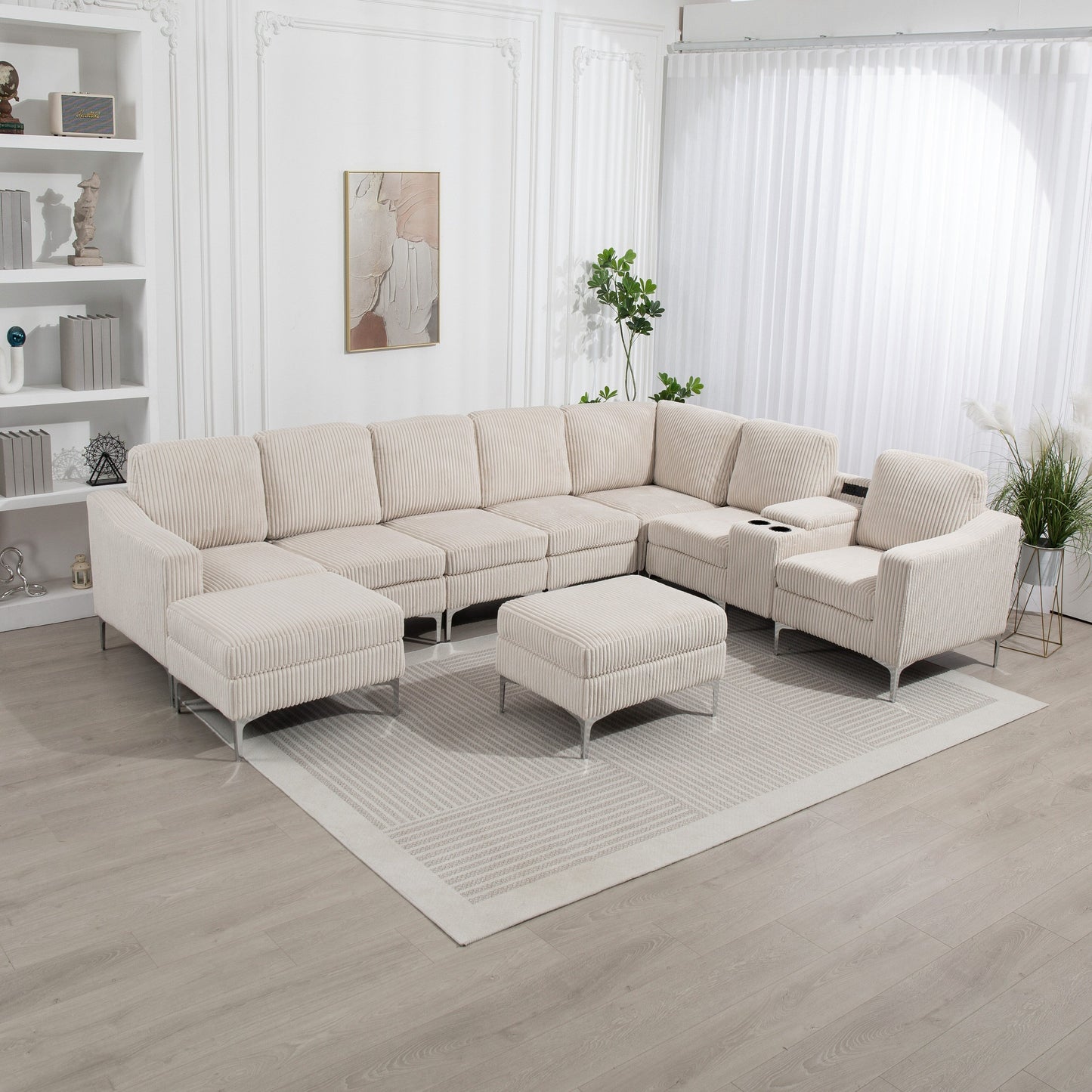 Canapé modulable en velours côtelé, convertible 6 places, avec ports USB, poufs de rangement et porte-gobelet pour le salon