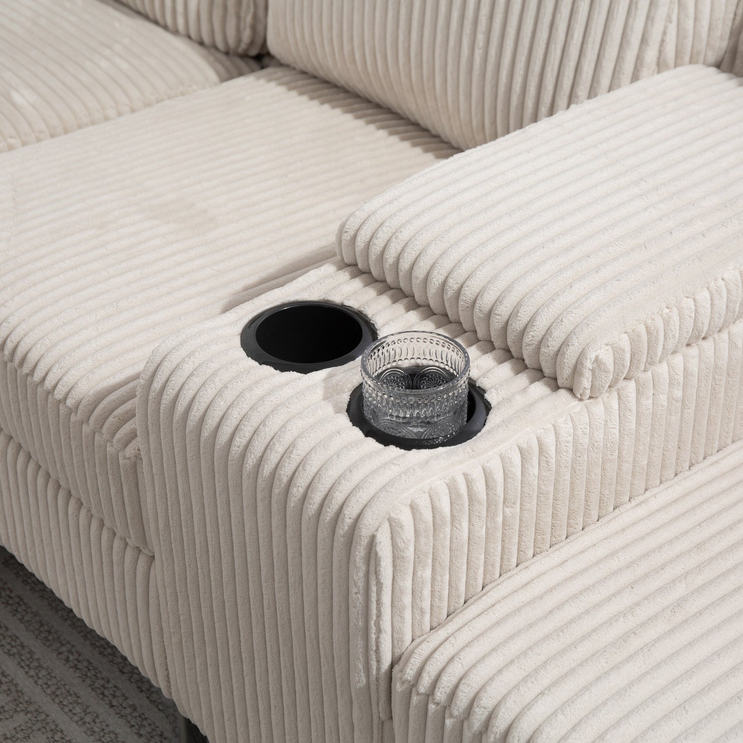 Canapé modulable en velours côtelé, convertible 6 places, avec ports USB, poufs de rangement et porte-gobelet pour le salon