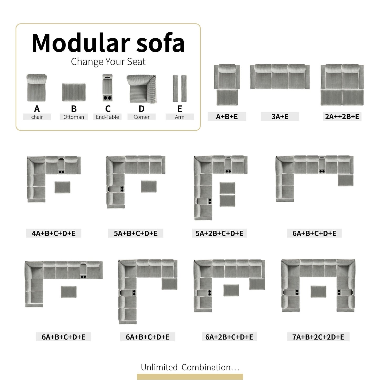 Canapé modulable en velours côtelé, convertible 6 places, avec ports USB, poufs de rangement et porte-gobelet pour le salon