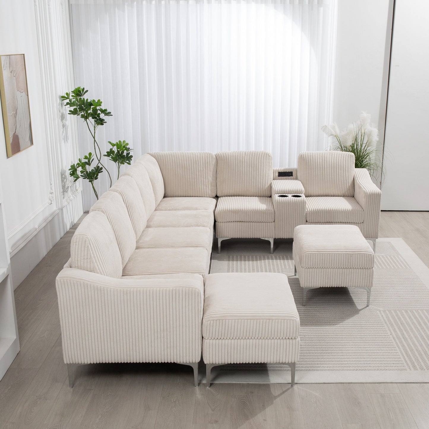 Canapé modulable en velours côtelé, convertible 6 places, avec ports USB, poufs de rangement et porte-gobelet pour le salon