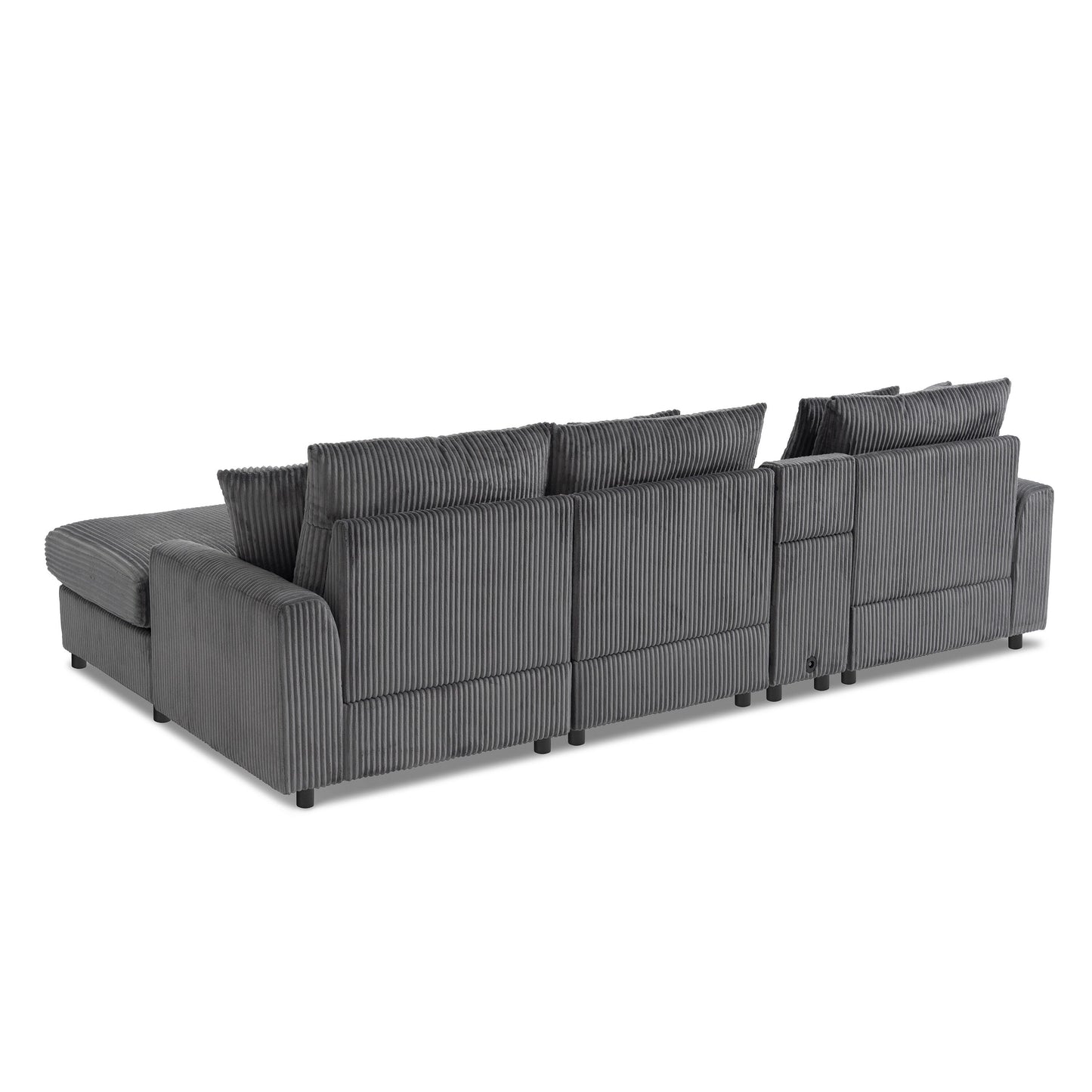 Canapé d'angle modulaire en velours côtelé avec haut-parleurs Bluetooth, ports de charge, porte-gobelets, rangement et pouf pour le salon