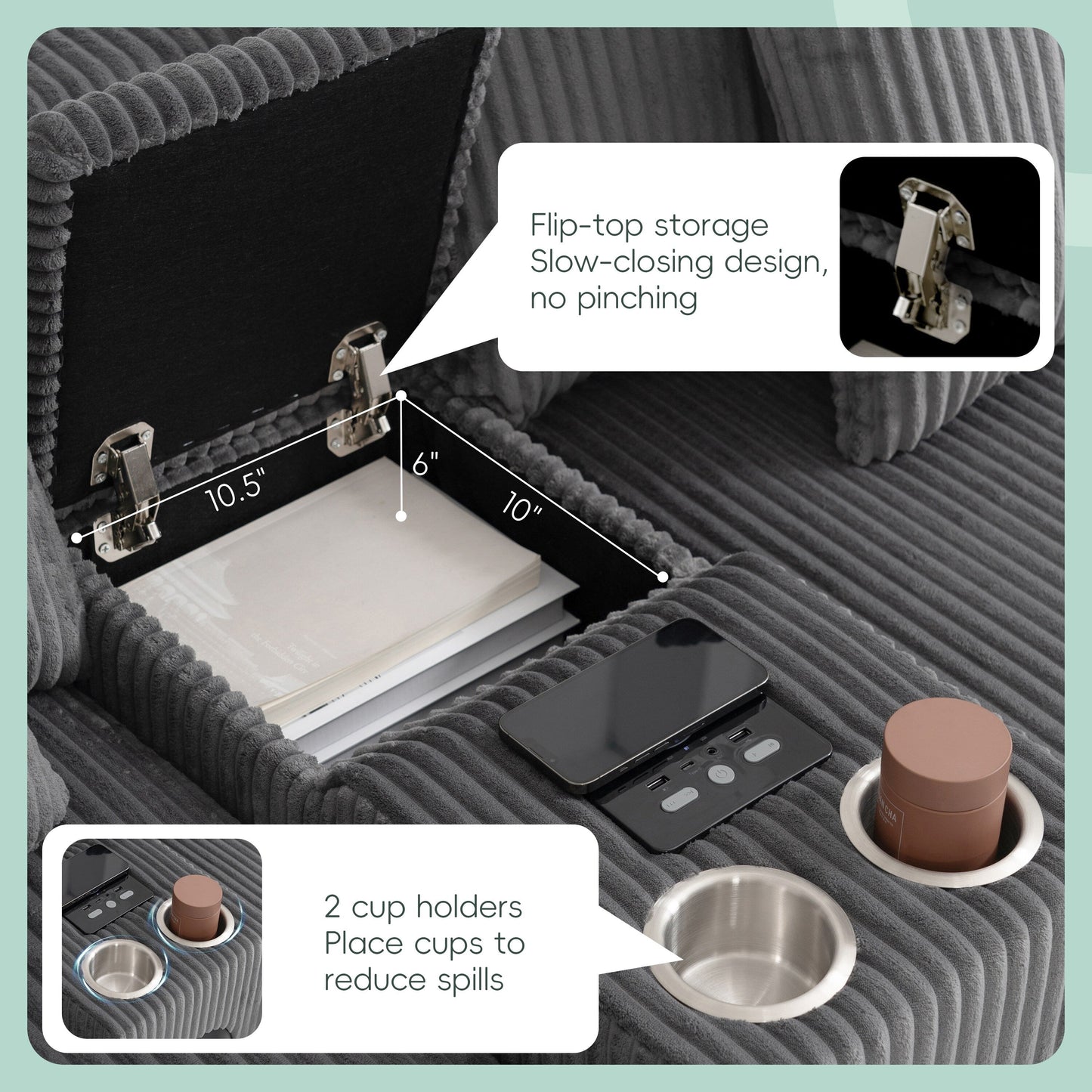 Canapé d'angle modulaire en velours côtelé avec haut-parleurs Bluetooth, ports de charge, porte-gobelets, rangement et pouf pour le salon