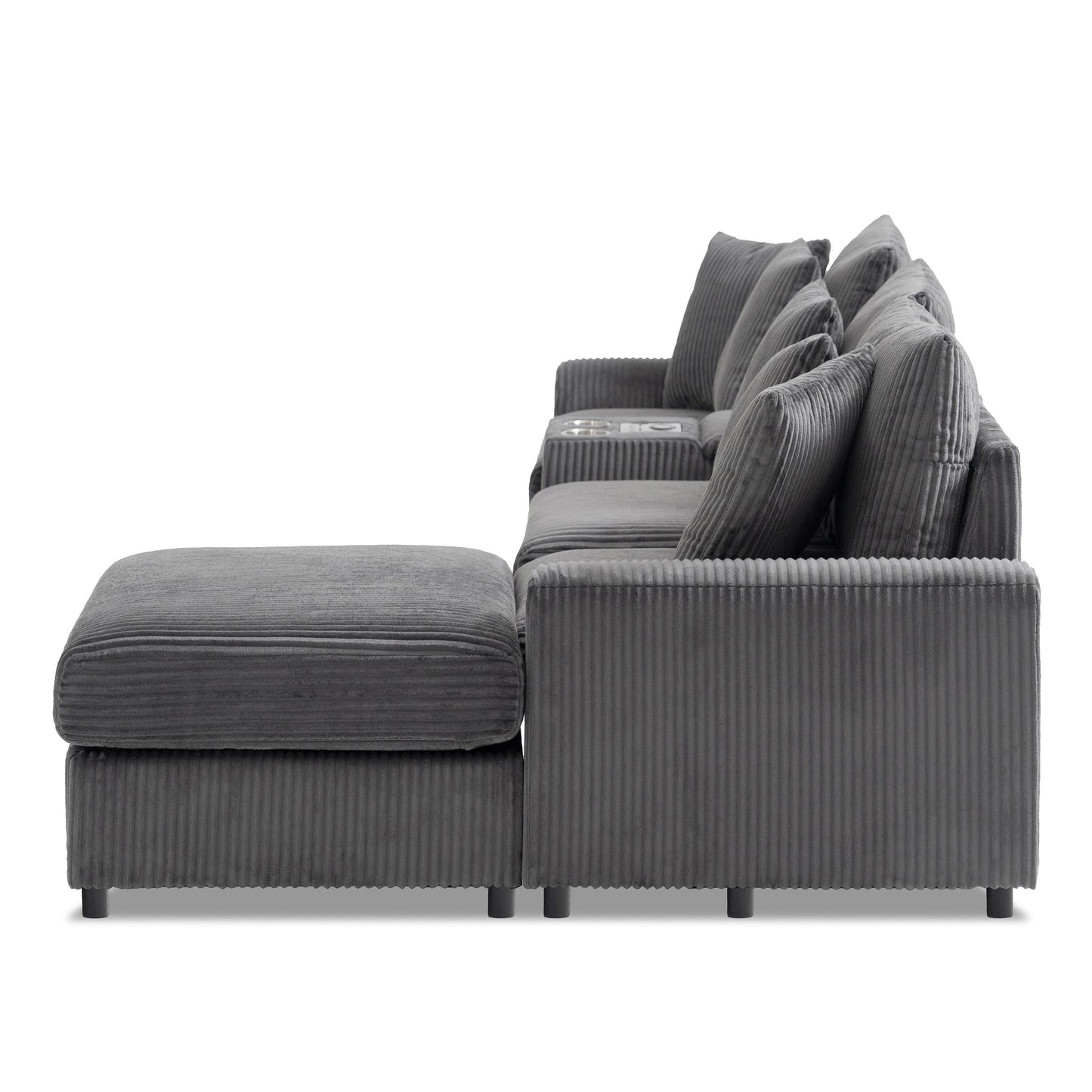 Canapé d'angle modulaire en velours côtelé avec haut-parleurs Bluetooth, ports de charge, porte-gobelets, rangement et pouf pour le salon