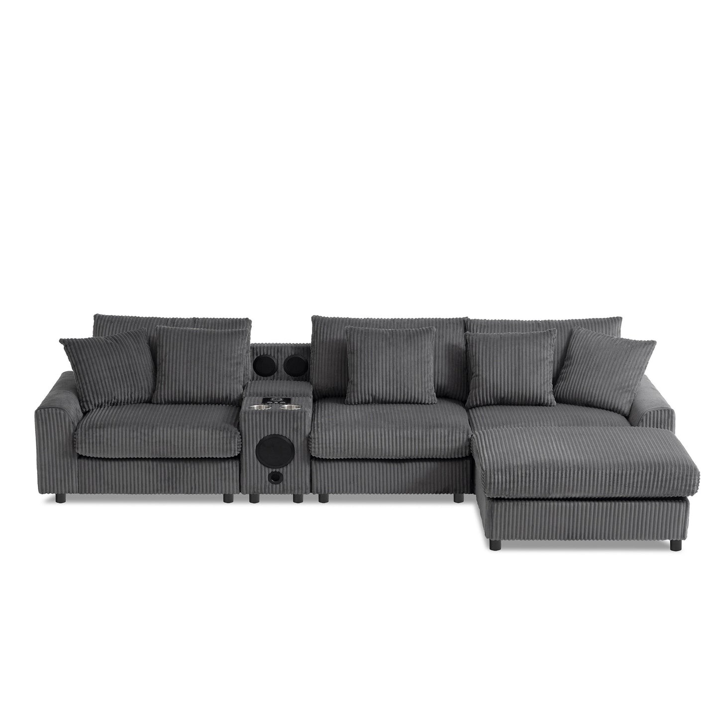 Canapé d'angle modulaire en velours côtelé avec haut-parleurs Bluetooth, ports de charge, porte-gobelets, rangement et pouf pour le salon