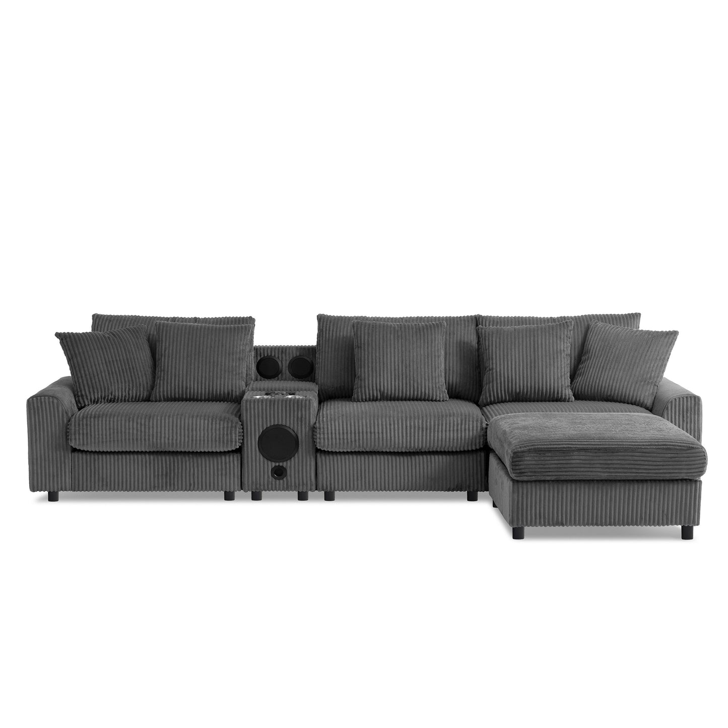 Canapé d'angle modulaire en velours côtelé avec haut-parleurs Bluetooth, ports de charge, porte-gobelets, rangement et pouf pour le salon