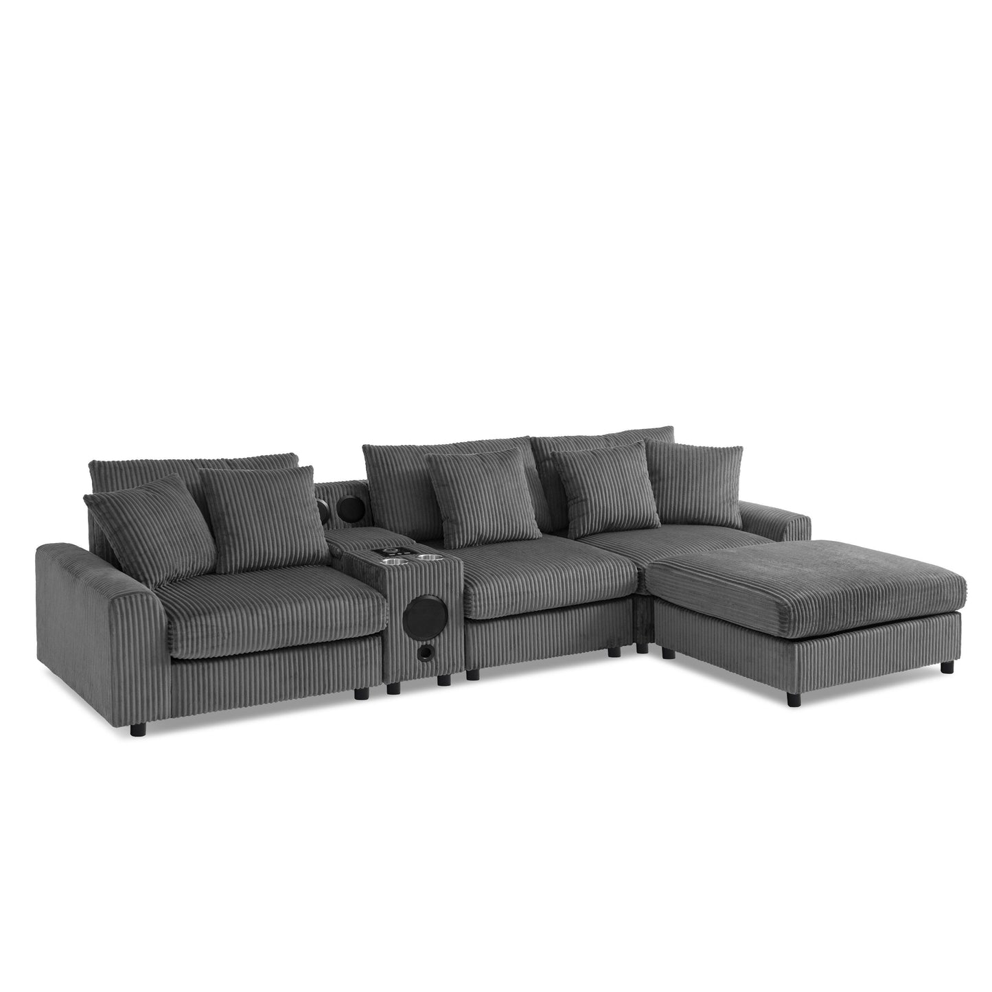 Canapé d'angle modulaire en velours côtelé avec haut-parleurs Bluetooth, ports de charge, porte-gobelets, rangement et pouf pour le salon