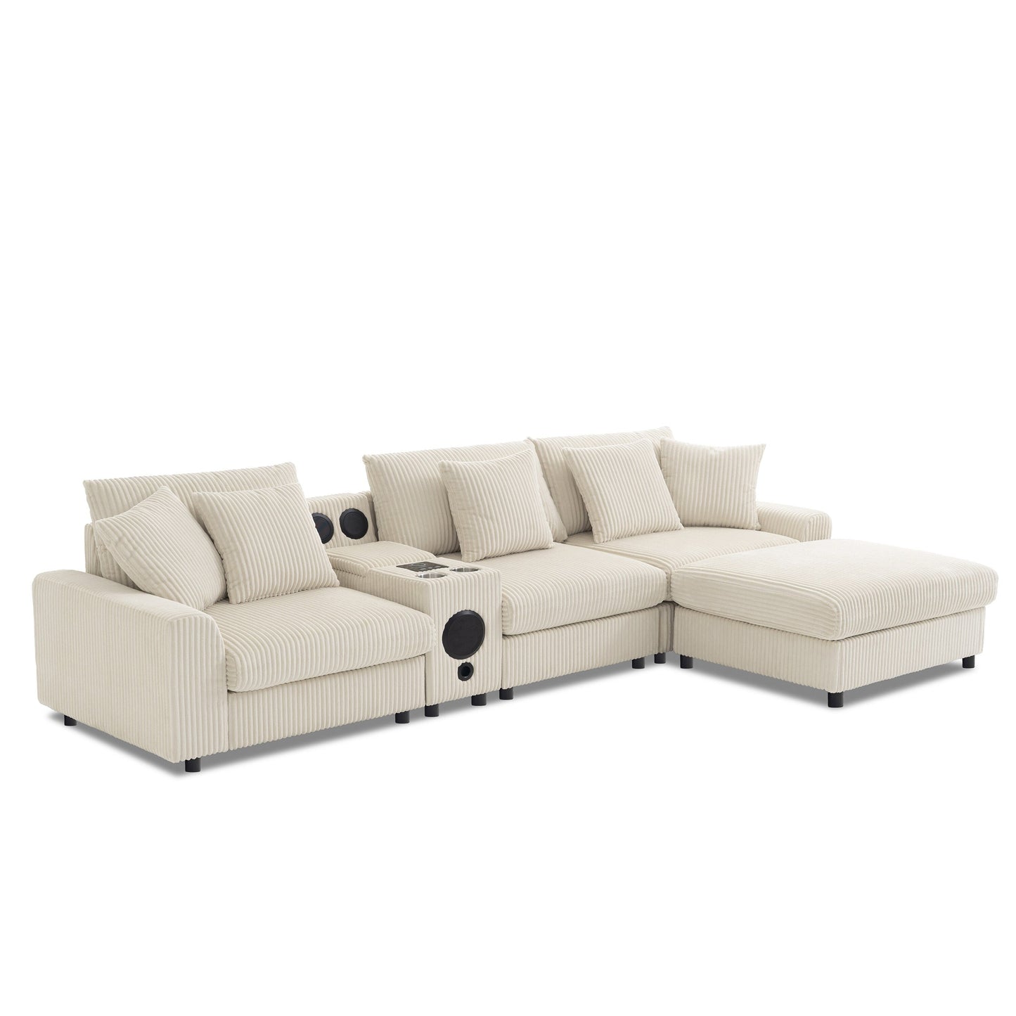 Canapé d'angle modulaire en velours côtelé avec haut-parleurs Bluetooth, ports de charge, porte-gobelets, rangement et pouf pour le salon