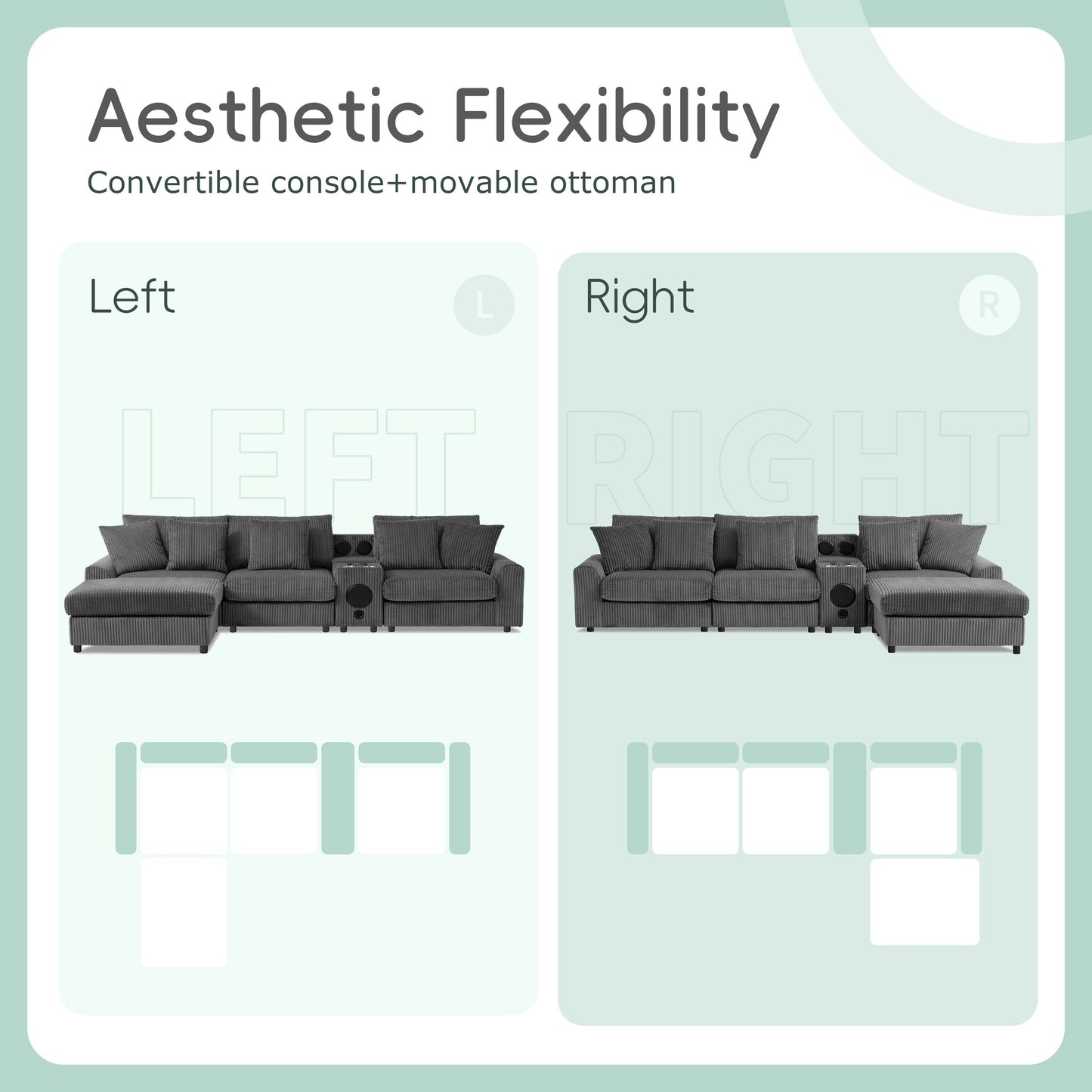 Canapé d'angle modulaire en velours côtelé avec haut-parleurs Bluetooth, ports de charge, porte-gobelets, rangement et pouf pour le salon