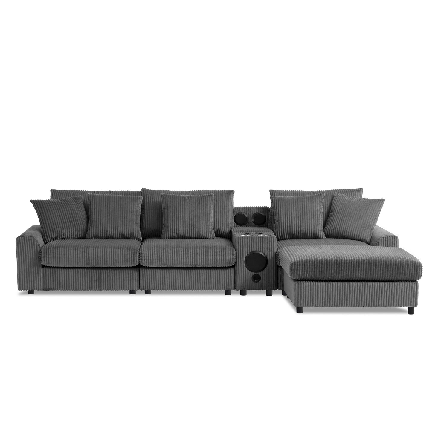 Canapé d'angle modulaire en velours côtelé avec haut-parleurs Bluetooth, ports de charge, porte-gobelets, rangement et pouf pour le salon