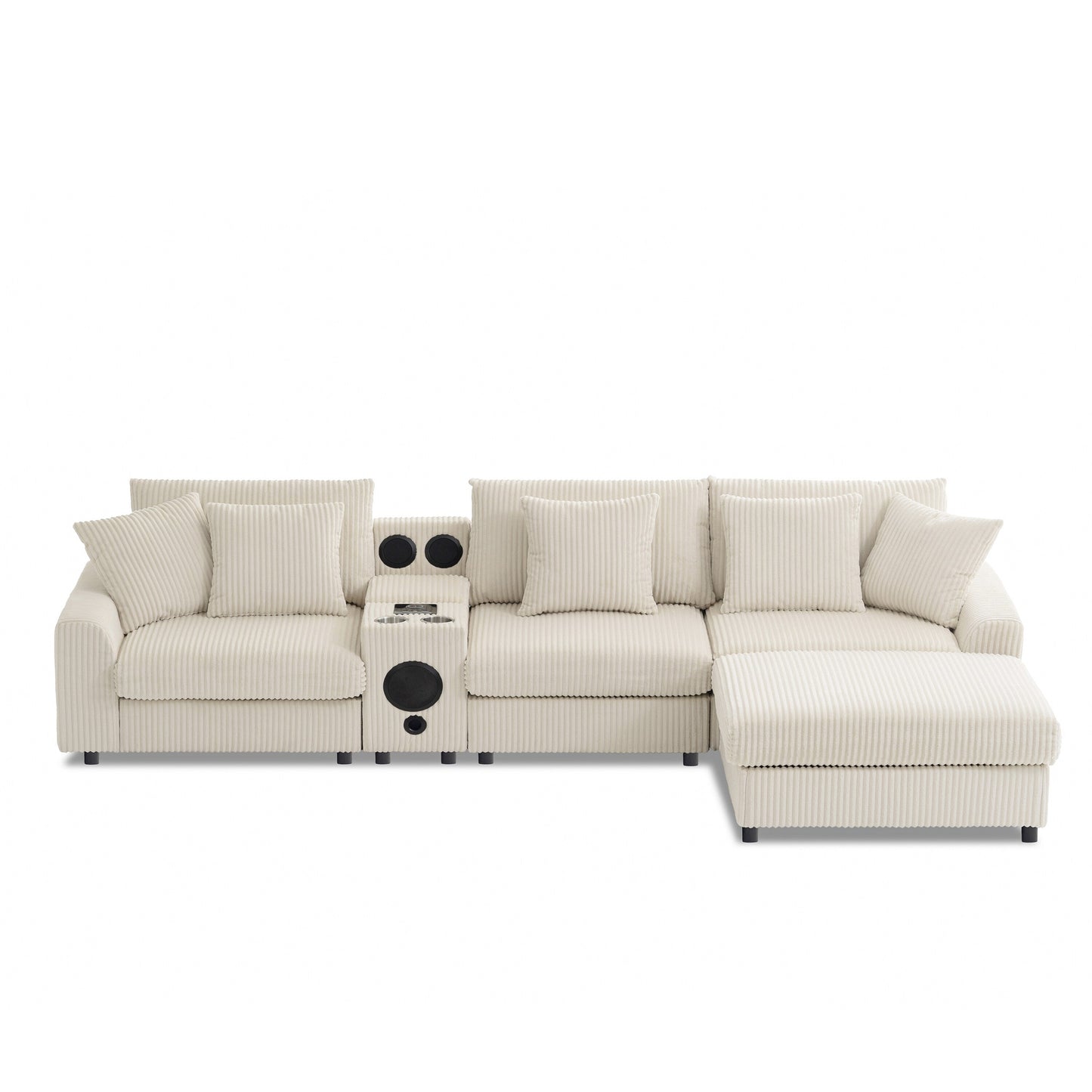 Canapé d'angle modulaire en velours côtelé avec haut-parleurs Bluetooth, ports de charge, porte-gobelets, rangement et pouf pour le salon