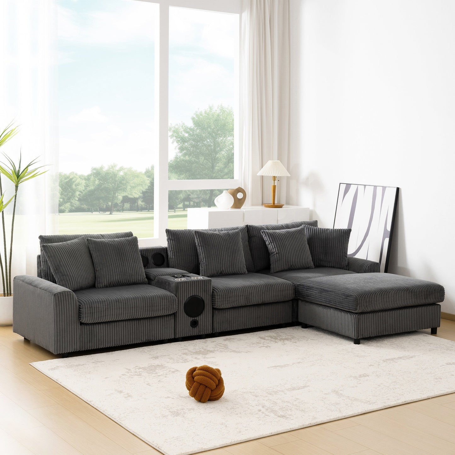 Canapé d'angle modulaire en velours côtelé avec haut-parleurs Bluetooth, ports de charge, porte-gobelets, rangement et pouf pour le salon