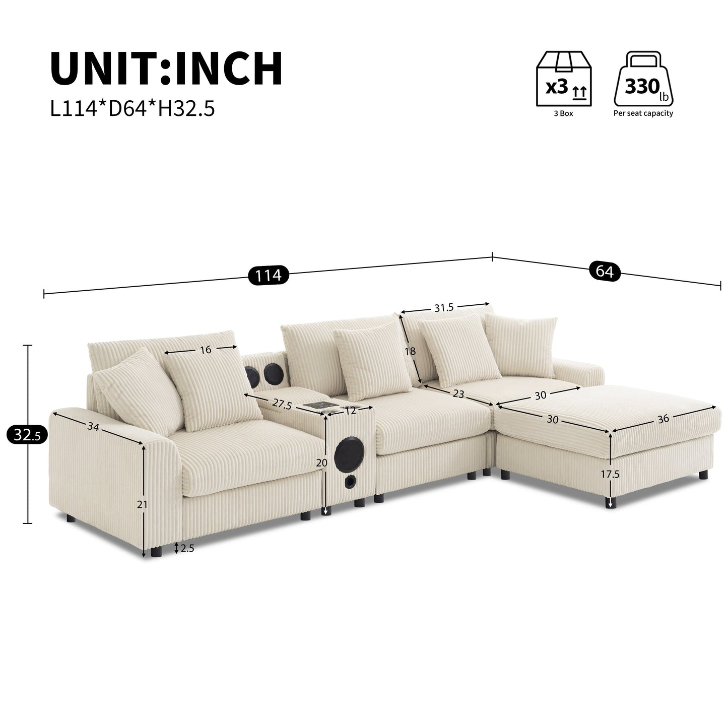 Canapé d'angle modulaire en velours côtelé avec haut-parleurs Bluetooth, ports de charge, porte-gobelets, rangement et pouf pour le salon