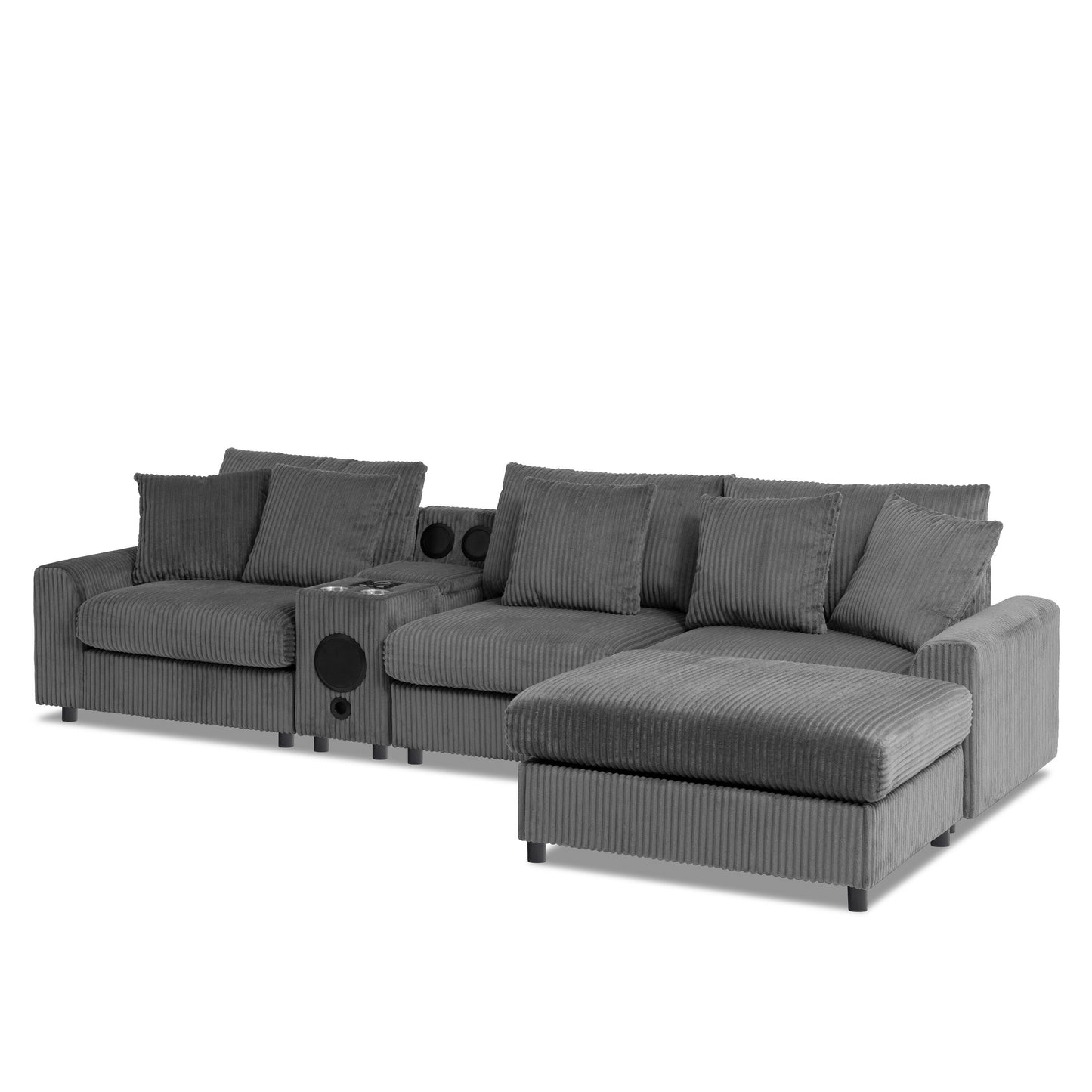 Canapé d'angle modulaire en velours côtelé avec haut-parleurs Bluetooth, ports de charge, porte-gobelets, rangement et pouf pour le salon