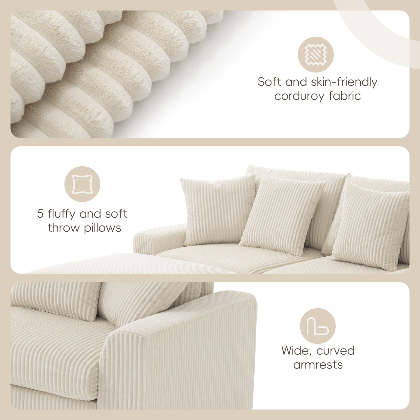 Canapé d'angle modulaire en velours côtelé avec haut-parleurs Bluetooth, ports de charge, porte-gobelets, rangement et pouf pour le salon
