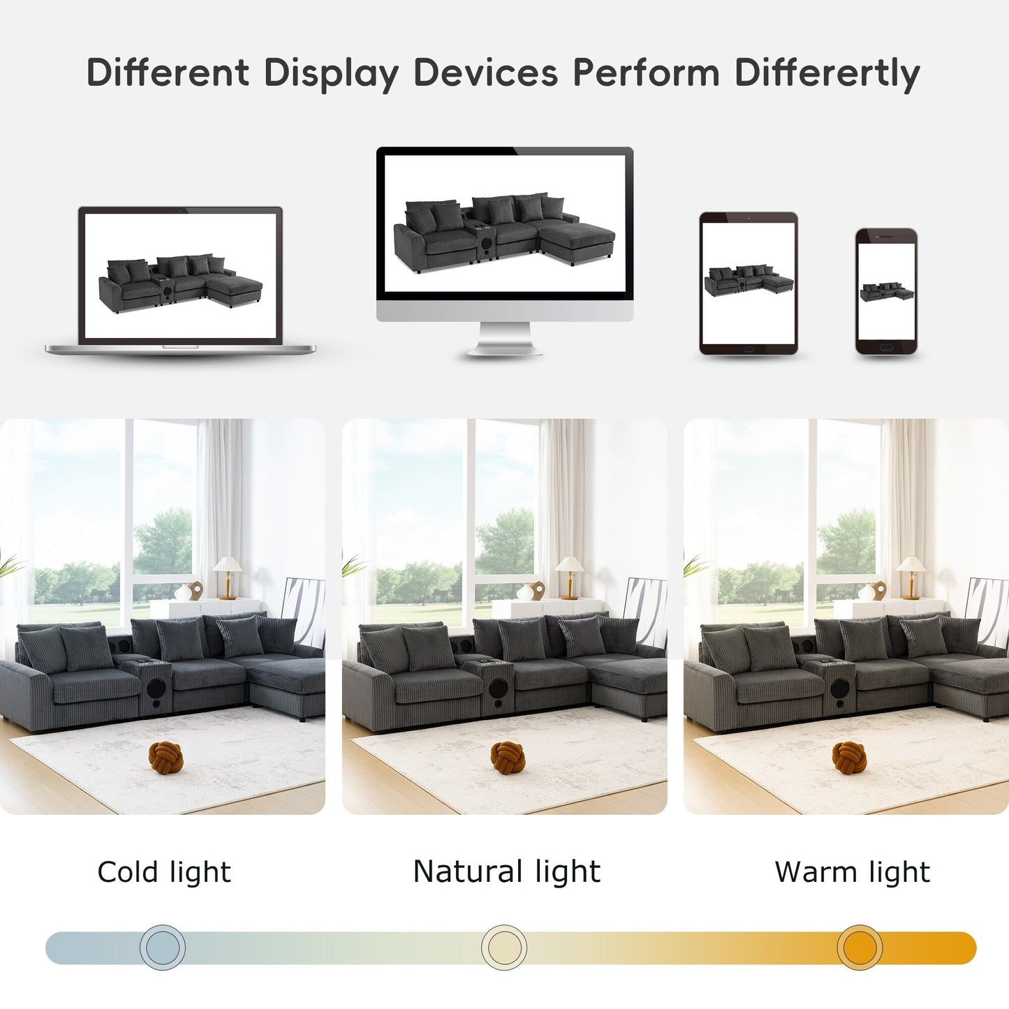 Canapé d'angle modulaire en velours côtelé avec haut-parleurs Bluetooth, ports de charge, porte-gobelets, rangement et pouf pour le salon