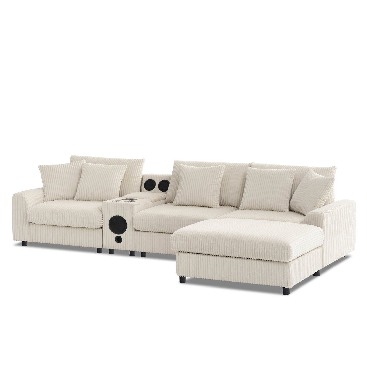Canapé d'angle modulaire en velours côtelé avec haut-parleurs Bluetooth, ports de charge, porte-gobelets, rangement et pouf pour le salon