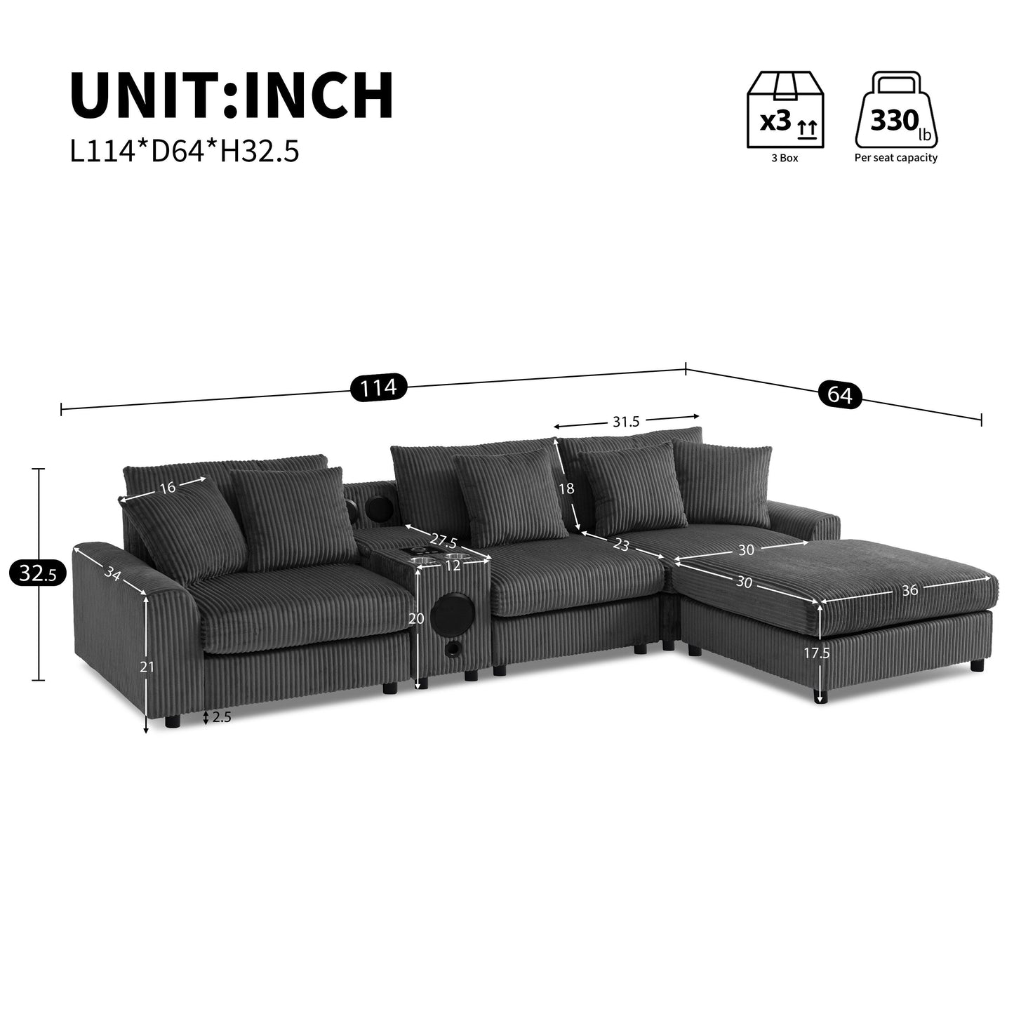 Canapé d'angle modulaire en velours côtelé avec haut-parleurs Bluetooth, ports de charge, porte-gobelets, rangement et pouf pour le salon