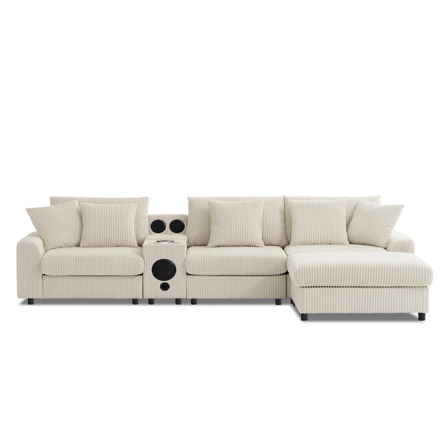Canapé d'angle modulaire en velours côtelé avec haut-parleurs Bluetooth, ports de charge, porte-gobelets, rangement et pouf pour le salon