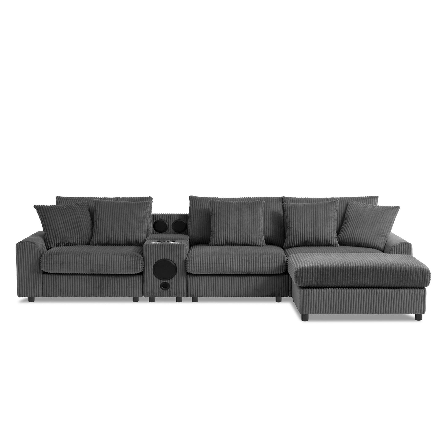 Canapé d'angle modulaire en velours côtelé avec haut-parleurs Bluetooth, ports de charge, porte-gobelets, rangement et pouf pour le salon