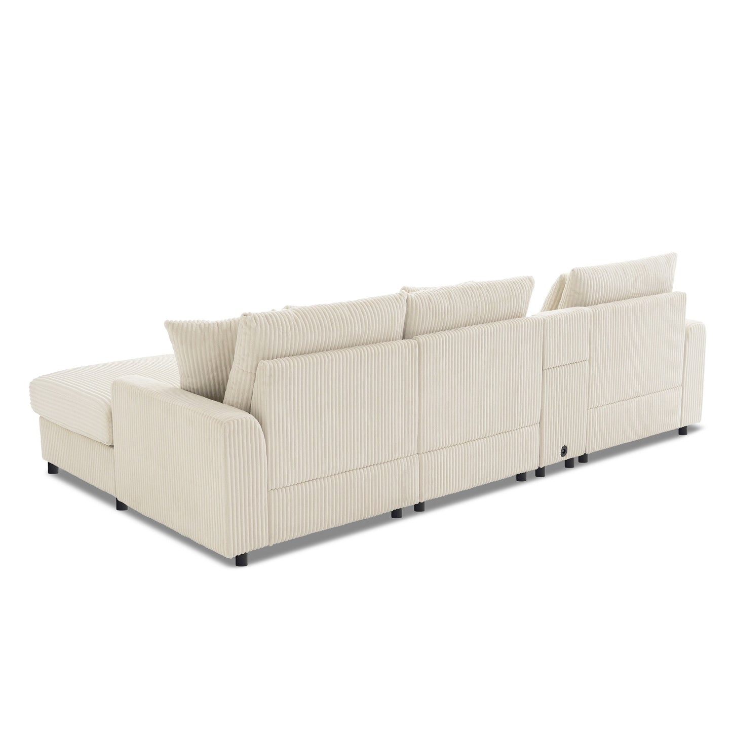 Canapé d'angle modulaire en velours côtelé avec haut-parleurs Bluetooth, ports de charge, porte-gobelets, rangement et pouf pour le salon