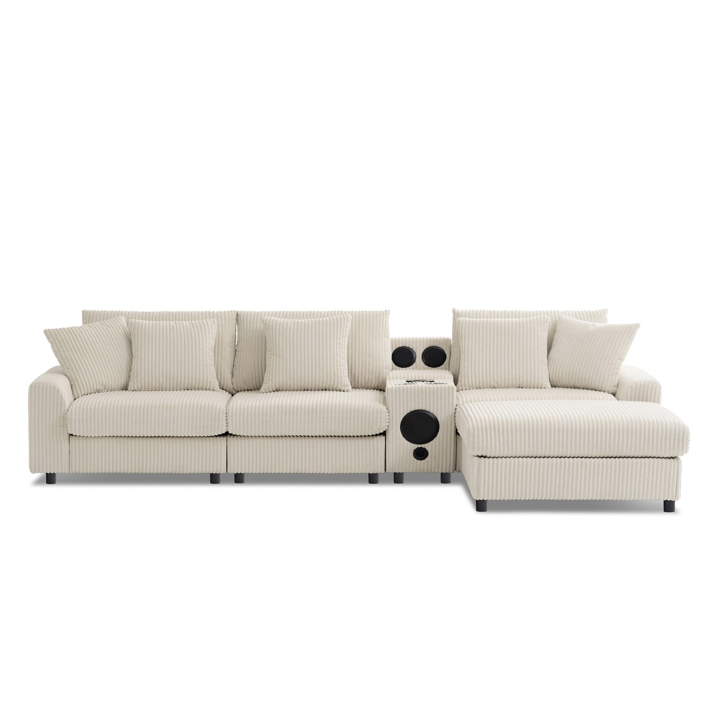 Canapé d'angle modulaire en velours côtelé avec haut-parleurs Bluetooth, ports de charge, porte-gobelets, rangement et pouf pour le salon